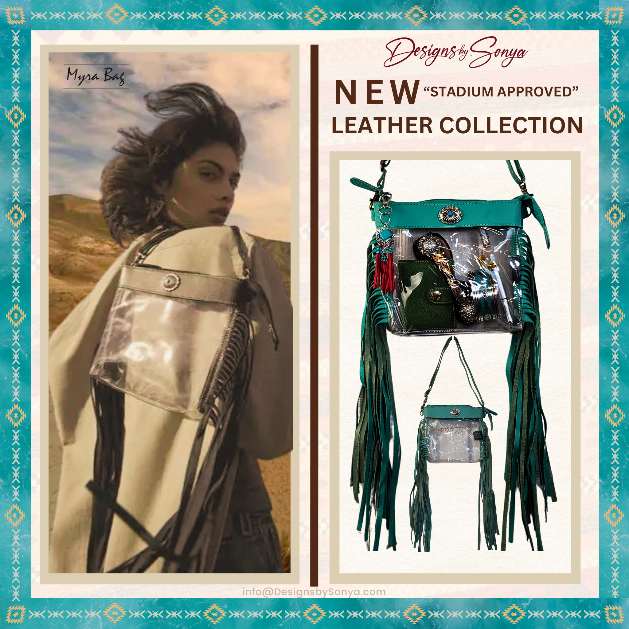Azura Clear Crossbody Bag by Myra in Teal | Stadium Approved Western Leather Handbag with Fringe, Adjustable Strap, and Concho Detailing
