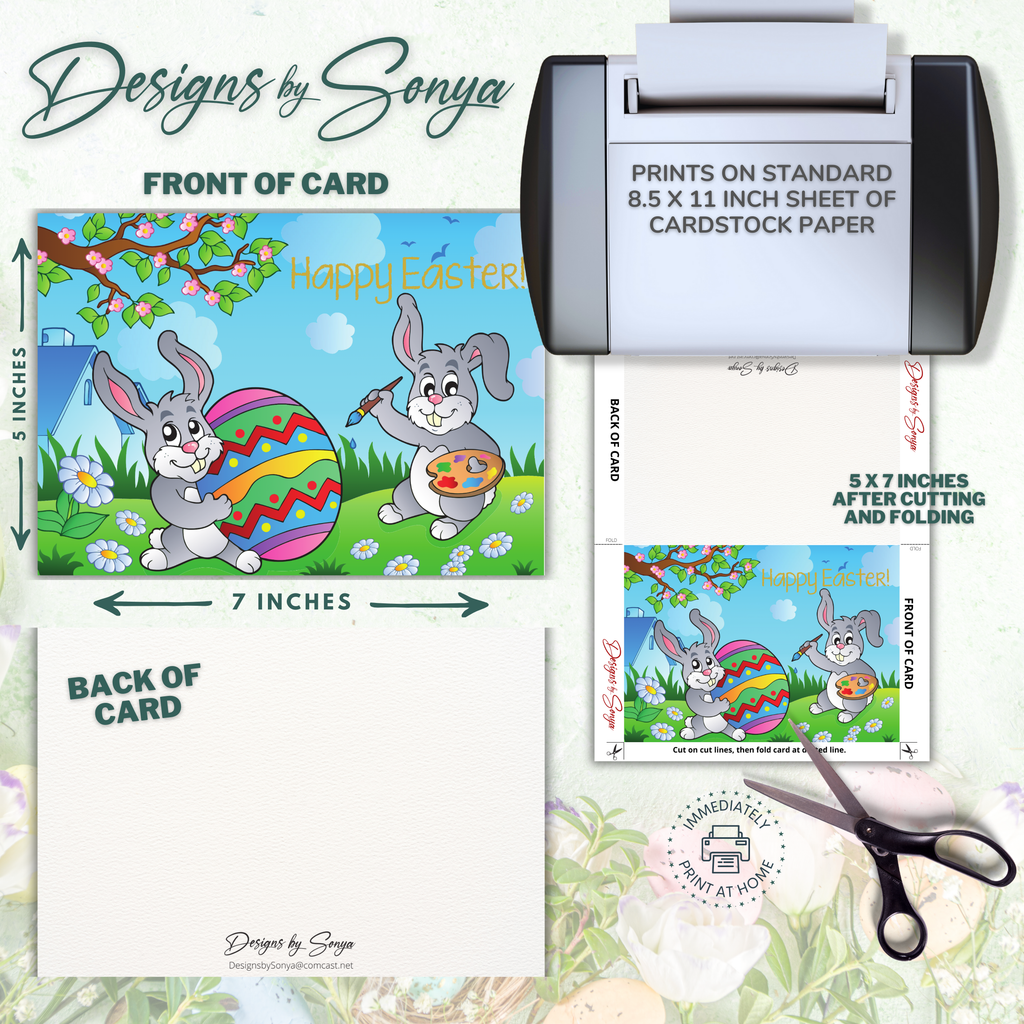 Custom Designed Printable Happy Easter Greeting Card & Envelope for Kids | DIY Digital Download | Holiday Greetings Playful Bunnies Decorating Vibrant Eggs