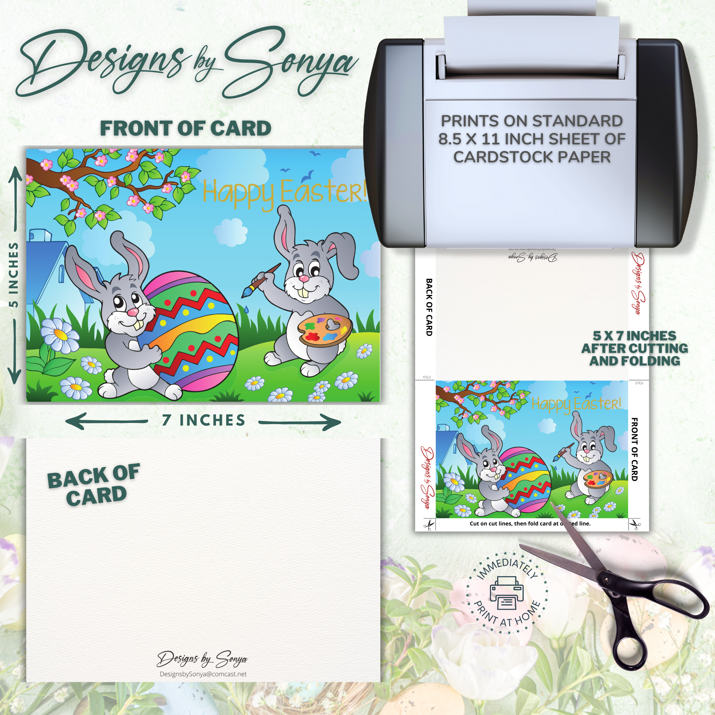 Custom Designed Printable Happy Easter Greeting Card & Envelope for Kids | DIY Digital Download | Holiday Greetings Playful Bunnies Decorating Vibrant Eggs