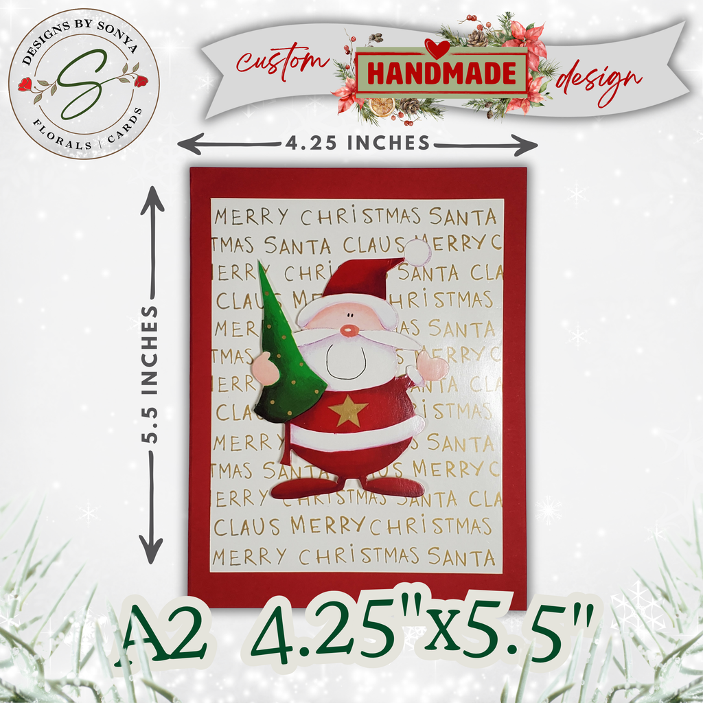 Handcrafted Santa Christmas Card with Gold Lettering | A2 Holiday Card | Red & Green, Unique Design