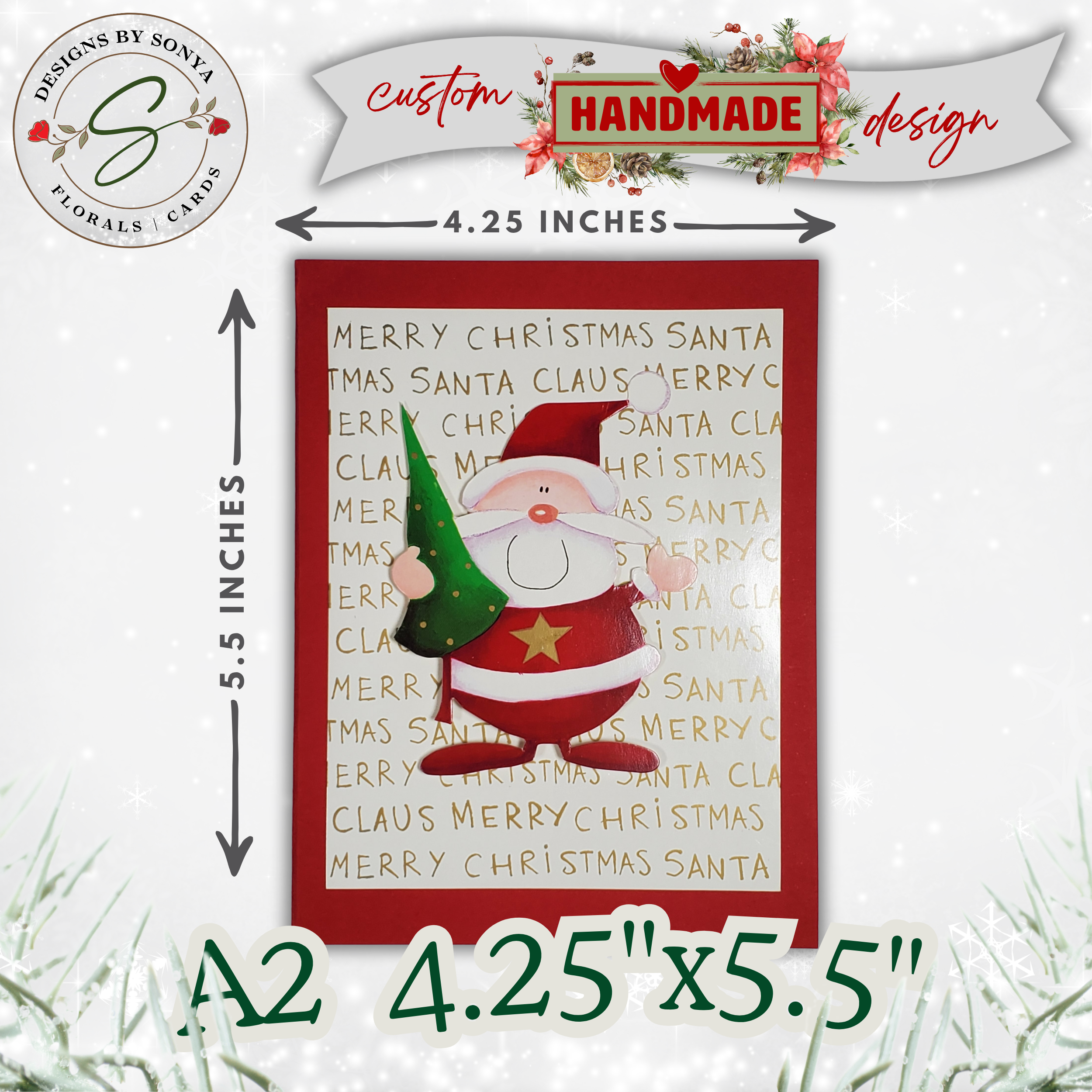 Handcrafted Santa Christmas Card with Gold Lettering | A2 Holiday Card | Red & Green, Unique Design