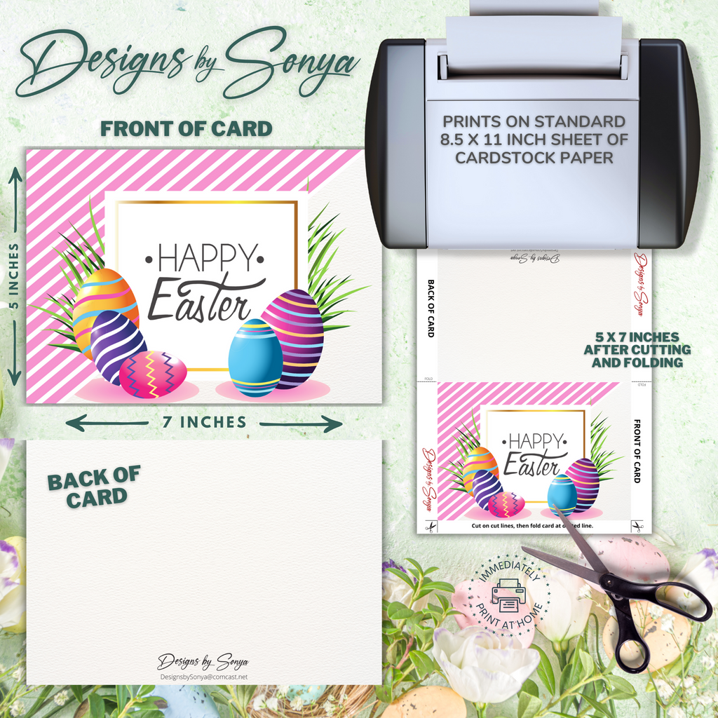 Happy Easter Pink Stripe | Custom Designed | 5 x 7 Printable Greeting Card | Matching Envelope Included | Instant Download | Print from Home