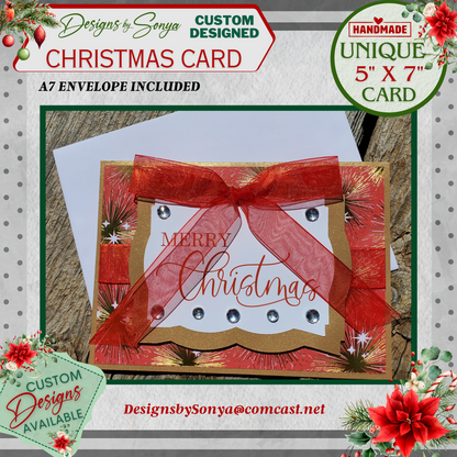 Custom Designed 3D Layered | Festive Gold and Red Glitter | 5" x 7" Merry Christmas Card | Red Satin Ribbon and Bow | Holiday Greetings