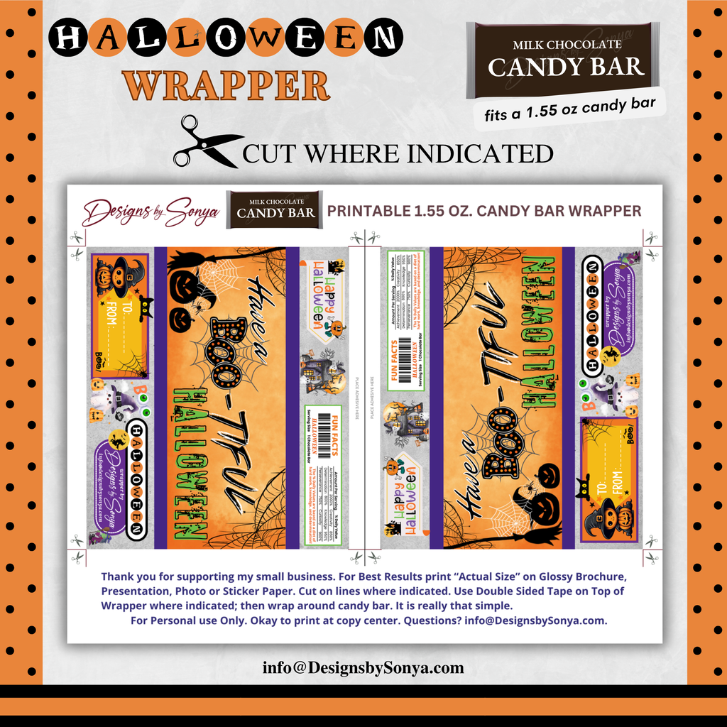 Custom Halloween Digital Candy Bar Wrapper | Printable Candy Bar Covers | Instant Download for Trick-or-Treat Party Favors | Fits 1.55 oz Hershey's Chocolate Bar