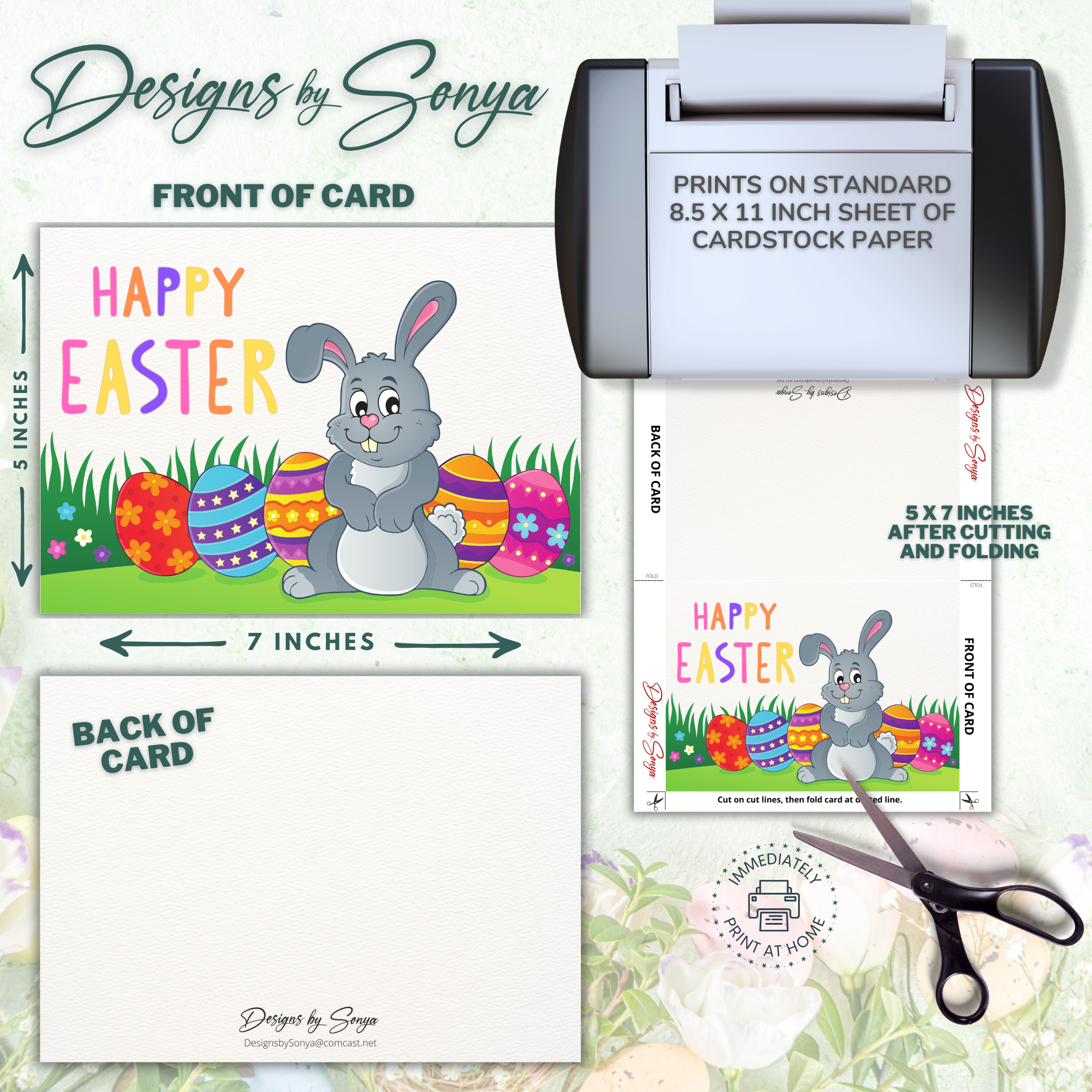 Happy Easter Bunny Printable Card – 5x7 Folded Greeting Card | DIY Instant Download | Easter Digital Card with Matching Envelope