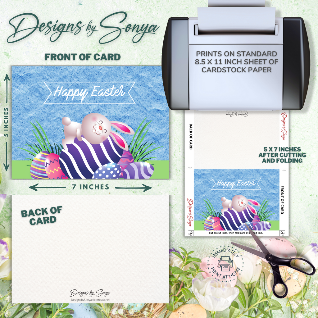 Sleepy Bunny Happy Easter | Custom Designed | 5x7 Printable Greeting Card | Includes Matching Envelope | Instant Download | Print from Home