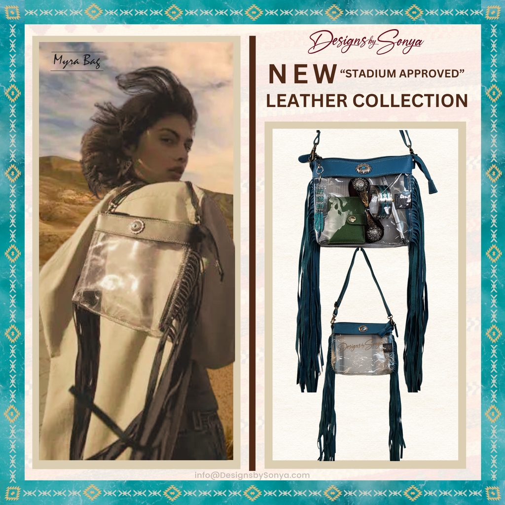Azura Clear Crossbody Bag by Myra in Turquoise Blue | Stadium Approved Western Leather Handbag with Fringe, Adjustable Strap, and Concho Detailing