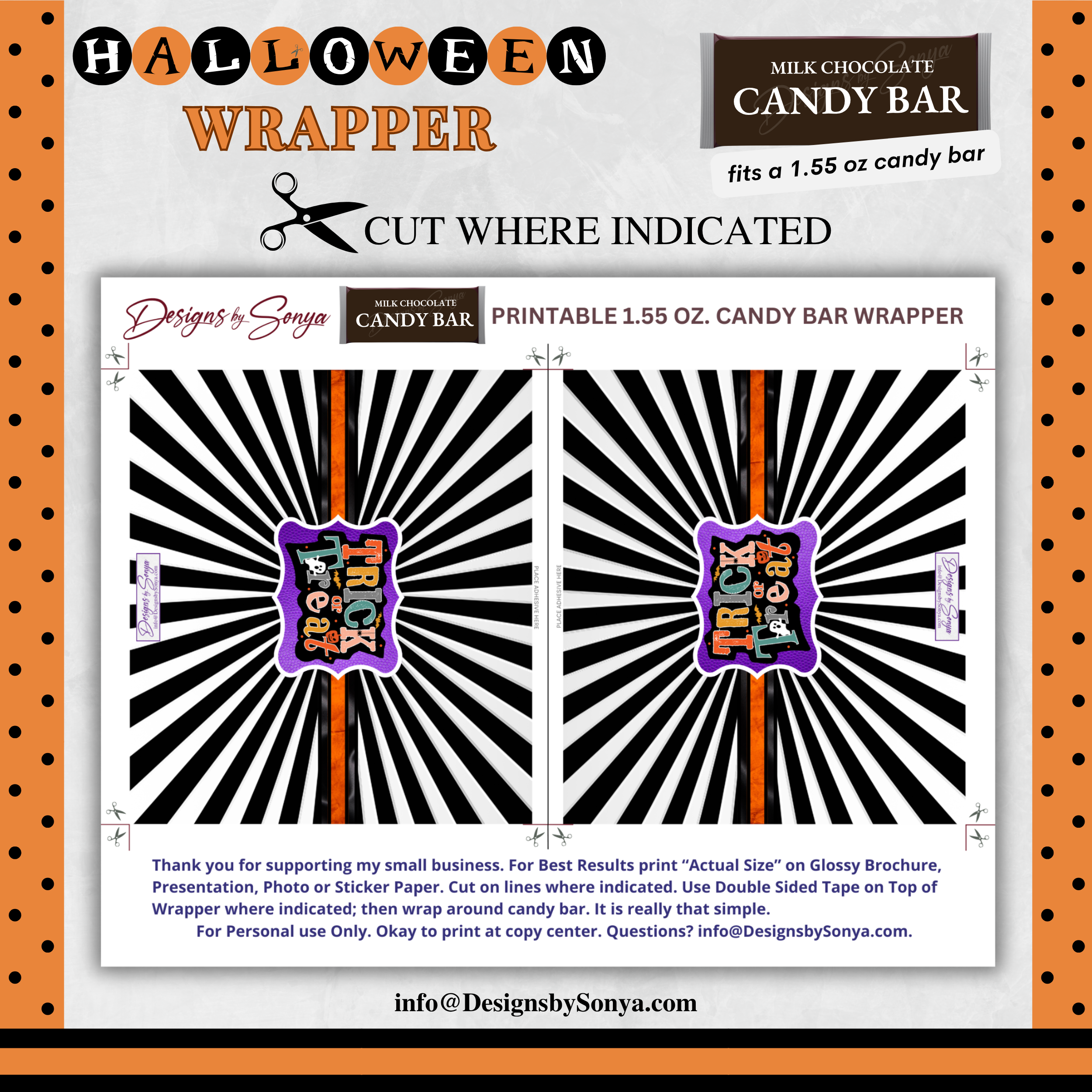 Custom Halloween Digital Candy Bar Wrapper | Printable Candy Bar Covers | Instant Download for Trick-or-Treat Party Favors | Fits 1.55 oz Hershey's Chocolate Bar