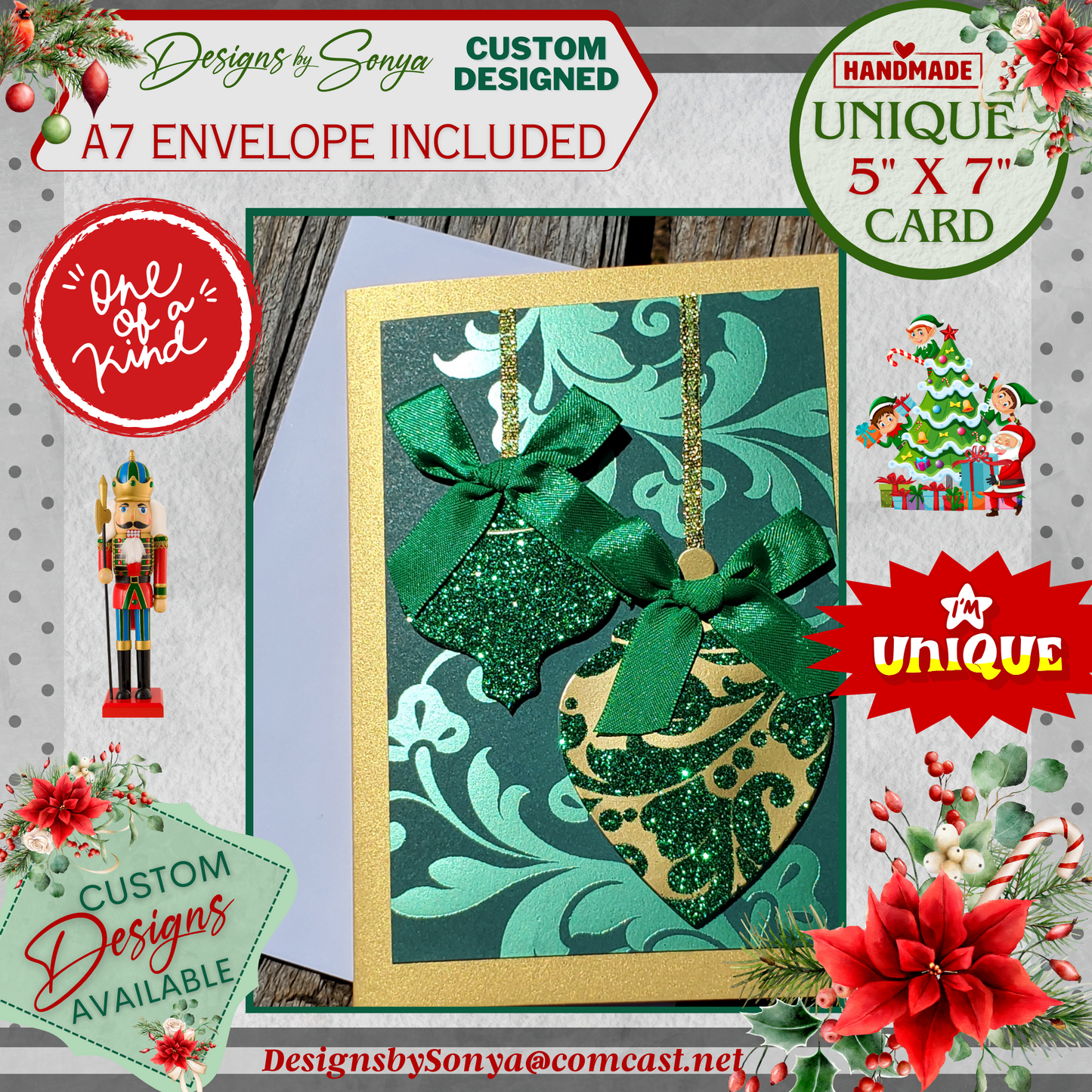 LIMITED EDITION | Elegant Green Ornament Christmas Card | 5"x7" Handcrafted Holiday Greeting Card | Festive Merry Christmas & New Year Card