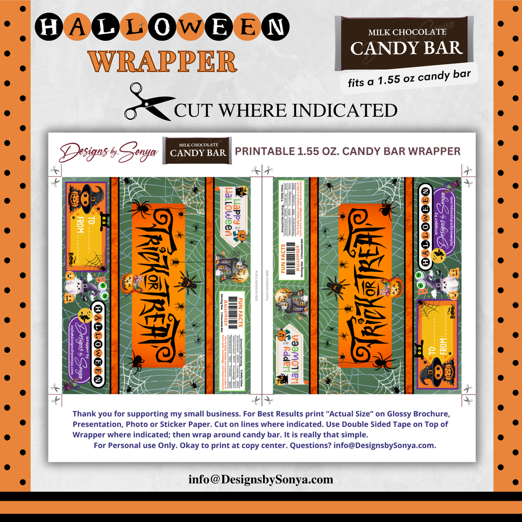 Custom Halloween Digital Candy Bar Wrapper | Printable Candy Bar Covers | Instant Download for Trick-or-Treat Party Favors | Fits 1.55 oz Hershey's Chocolate Bar