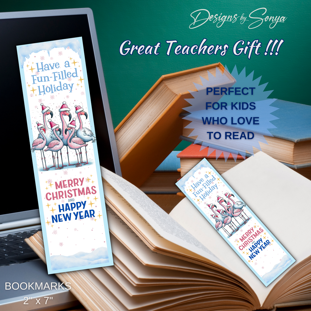 Printable Christmas Bookmarks | Pink Flamingo Holiday Bookmarks | Classroom Gifts, Teacher Gifts & Stocking Stuffers | 2 x 7 PDF