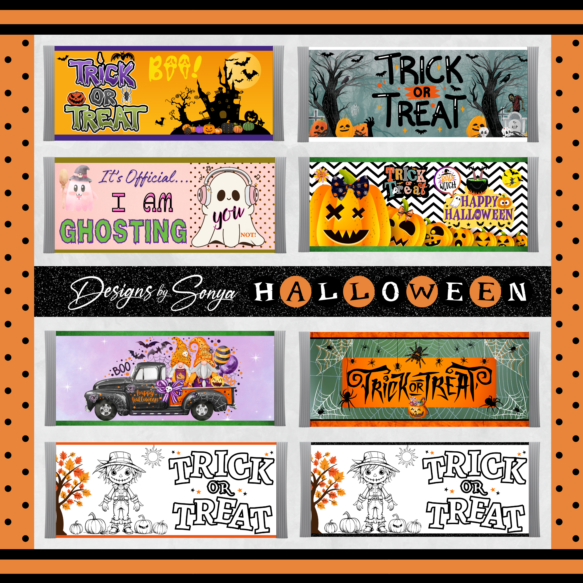 Halloween Gnomes & Spooky Truck Wrapper | Instant Download for Party Favors | Printable Fits 1.55 oz Milk Chocolate Candy Bar