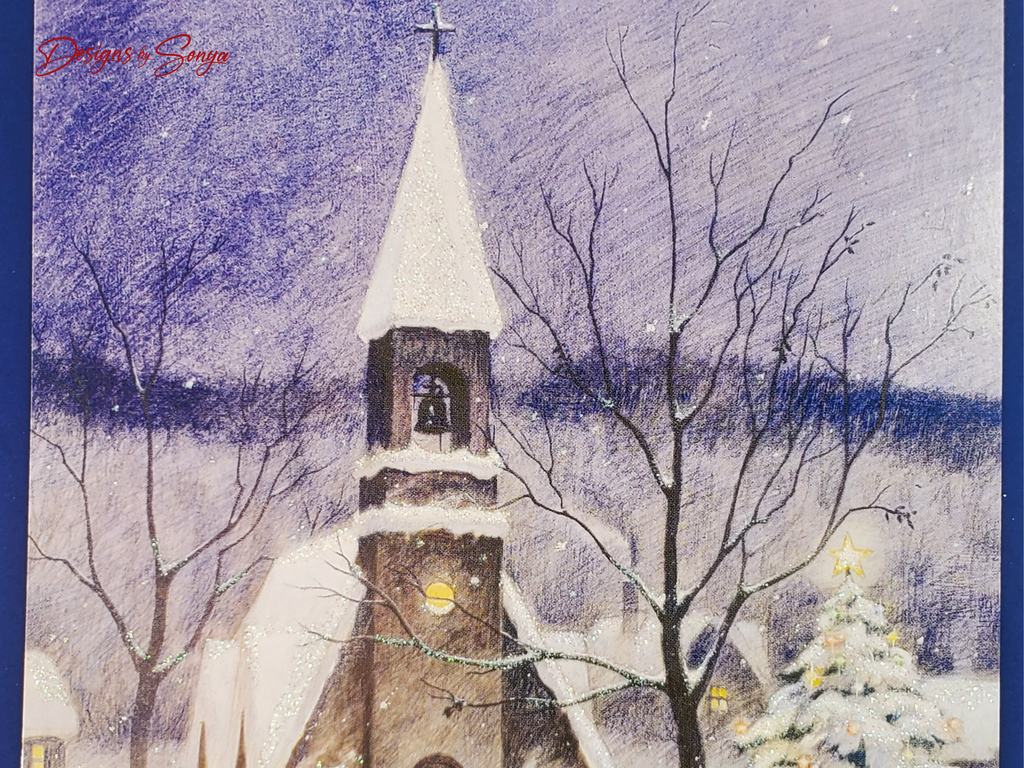 Handmade Christmas Card with Snowy Church Scene & Religious Message – Elegant Winter Holiday Greeting with Silver-Lined Envelope
