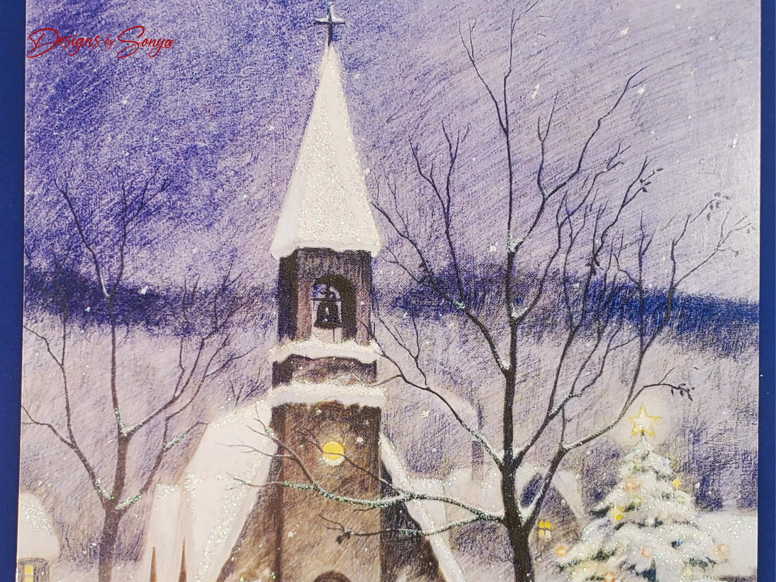 Handmade Christmas Card with Snowy Church Scene & Religious Message – Elegant Winter Holiday Greeting with Silver-Lined Envelope