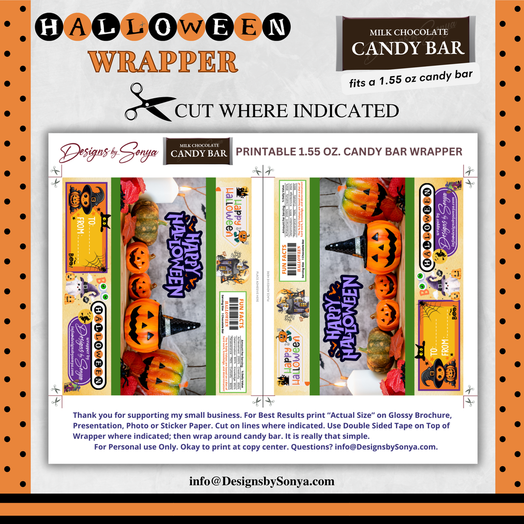 Custom Halloween Digital Candy Bar Wrapper | Printable Candy Bar Covers | Instant Download for Trick-or-Treat Party Favors | Fits 1.55 oz Hershey's Chocolate Bar