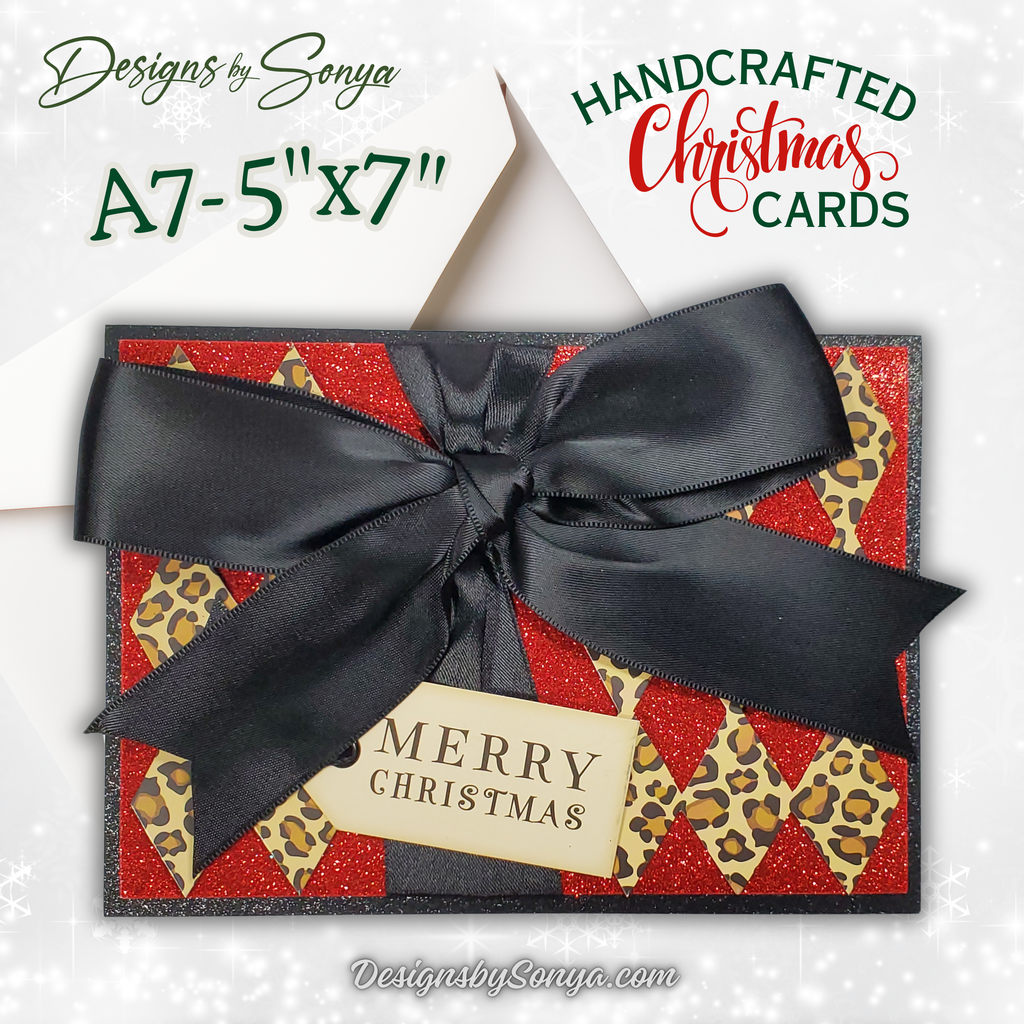 Merry Christmas Card with Leopard & Red Glitter | Handcrafted Holiday Card with Bow | Unique A7 Keepsake for Gift-Giving