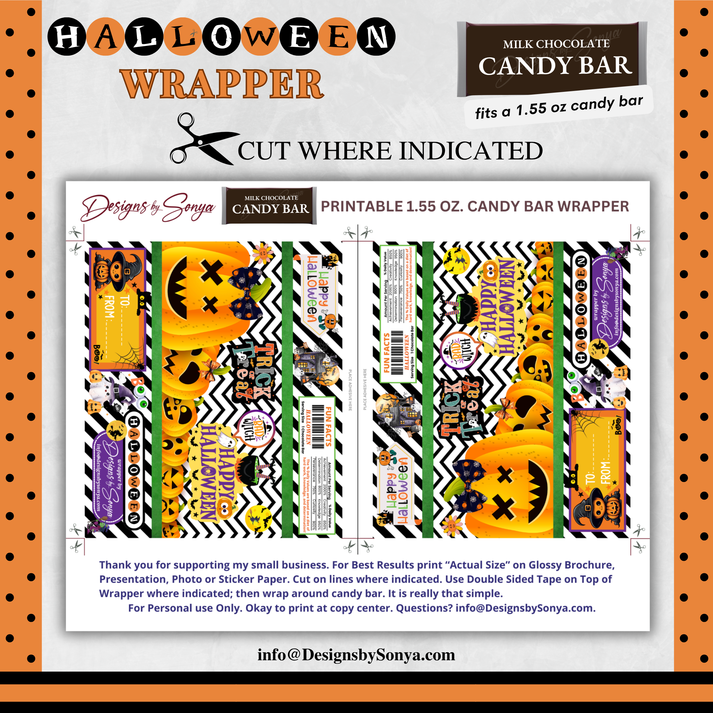 Custom Halloween Digital Candy Bar Wrapper | Printable Candy Bar Covers | Instant Download for Trick-or-Treat Party Favors | Fits 1.55 oz Hershey's Chocolate Bar