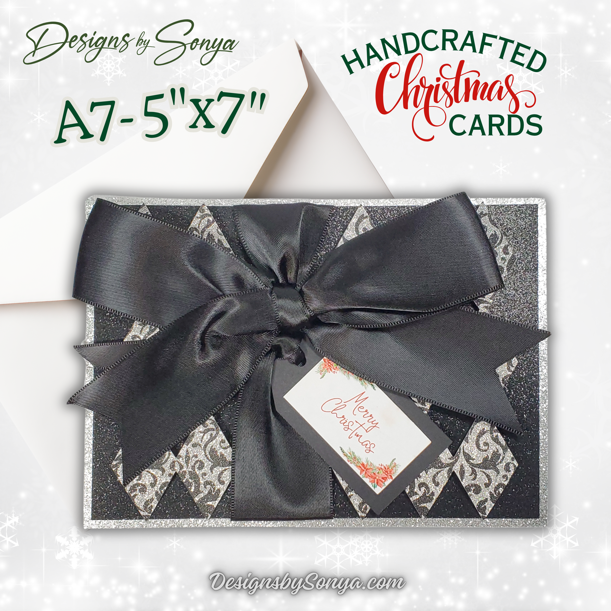 Merry Christmas Card in Black & Silver | Handcrafted A7 Holiday Card with Poinsettia Tag & Satin Bow | Elegant Client Gift