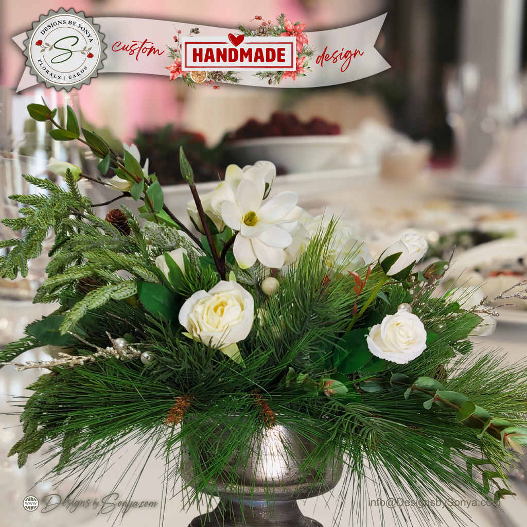 White Winter Floral Arrangement – Custom Designed Christmas Table Décor Centerpiece with Faux Pine, Cedar Greenery and Ivory Roses