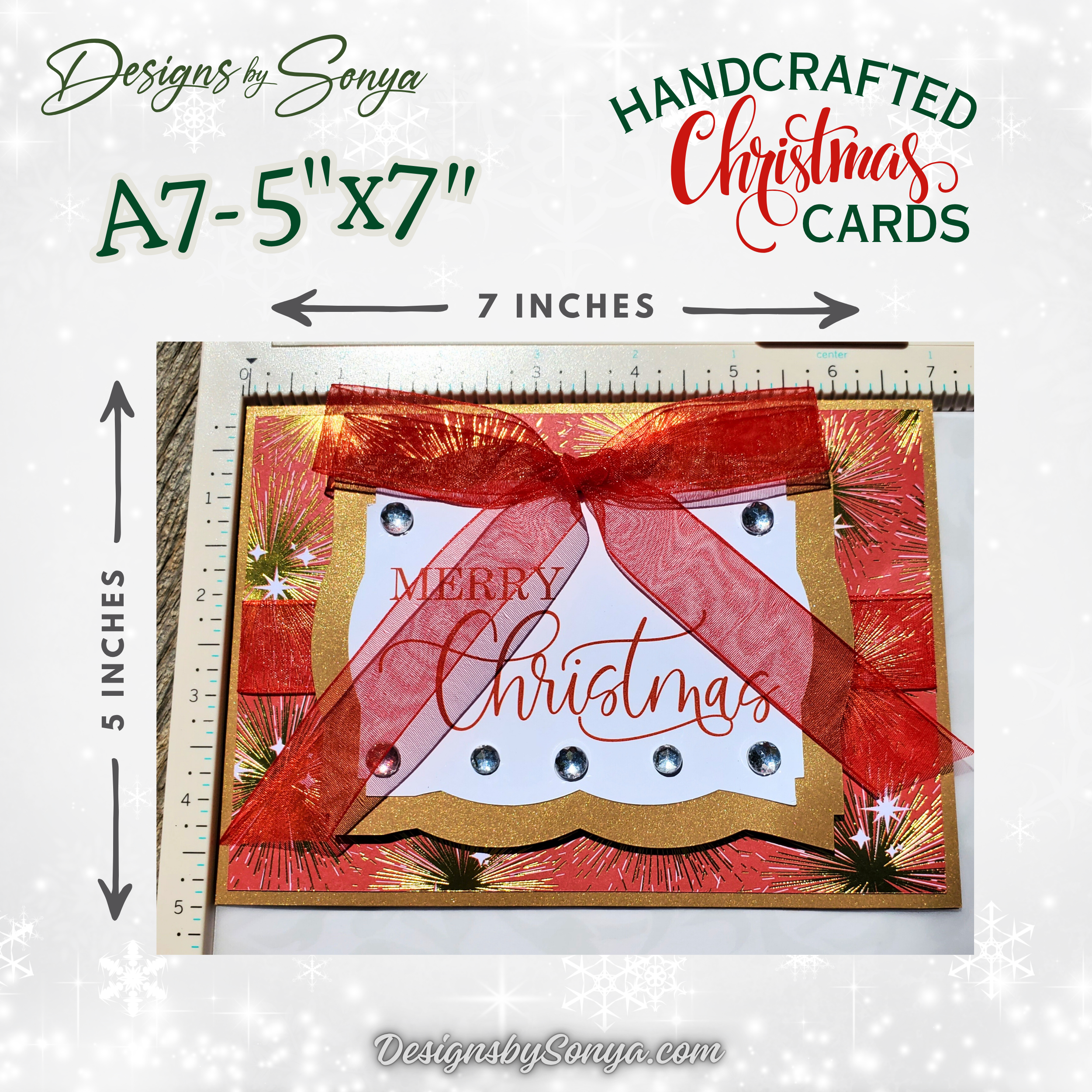 Handcrafted Merry Christmas Card with Red Bow, Rhinestones & Gold Sparkle – Unique Holiday Greeting – 5x7 A7 Card