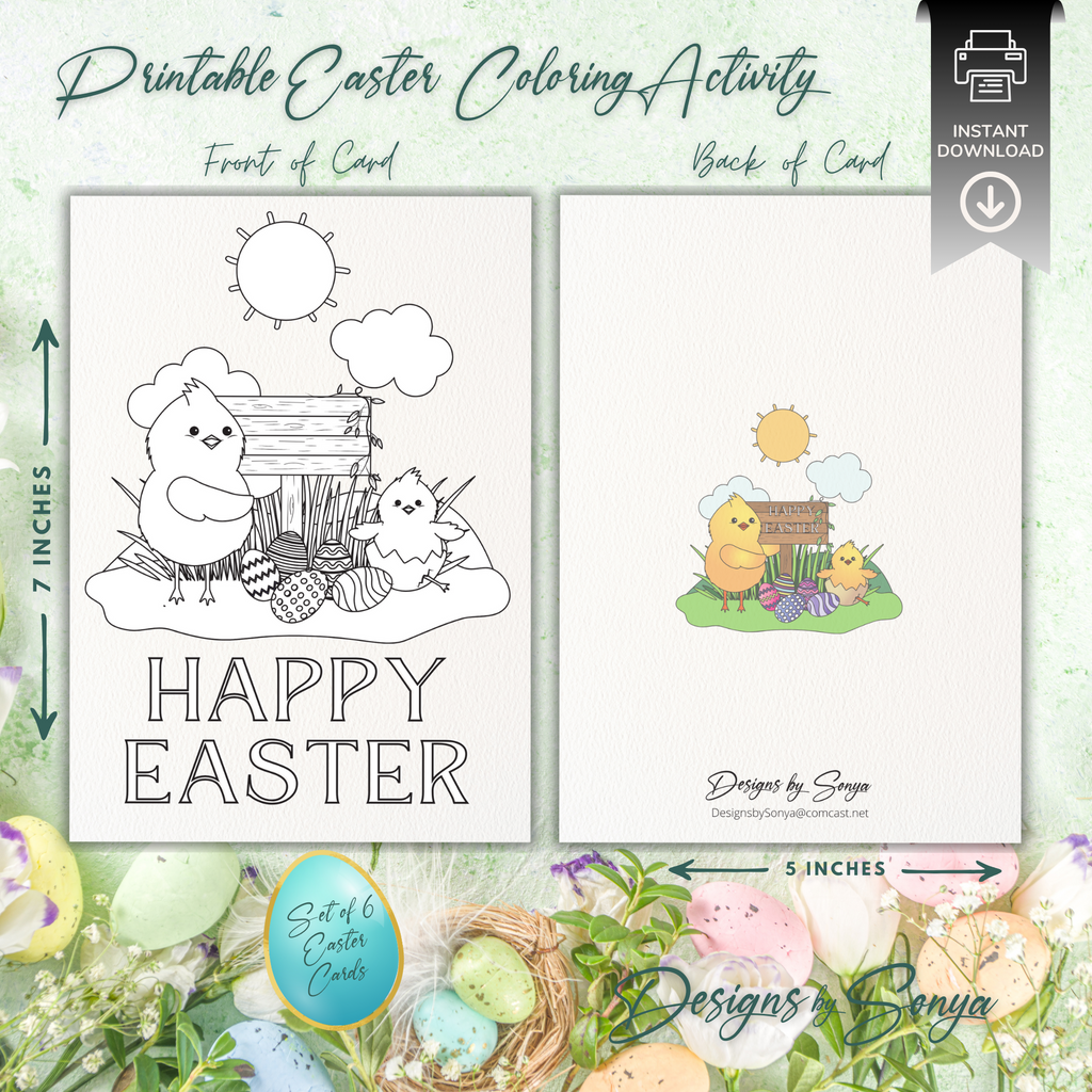 Set of 6 Custom Designed 5 x 7 Printable Happy Easter DIY Kid Coloring Greeting Card Classroom Activity - Instant Download - Print at Home