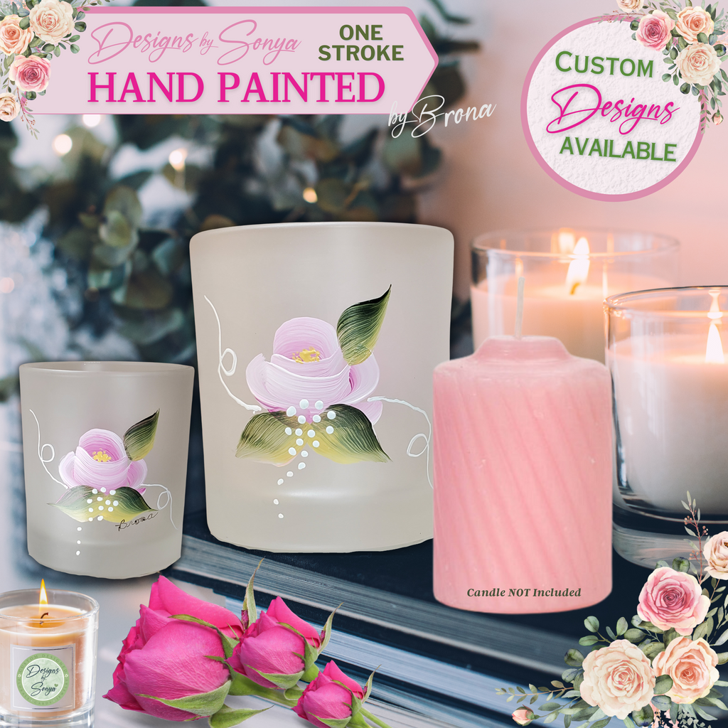 Unique One Stroke | Hand Painted Enamel Glass Votive | Candle Holder | Pink Rose Design | Original Work of Art | Mother's Day Gift | Signed