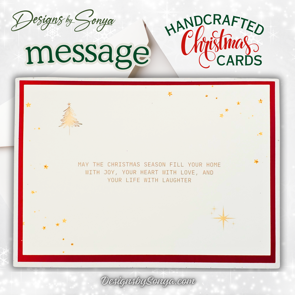 Luxury Handcrafted A7 Christmas Card – Red Glitter, Leopard Print, Satin Bow, Die-Cut Tag, 5"x7" Holiday Greeting with Gold Lined Envelope