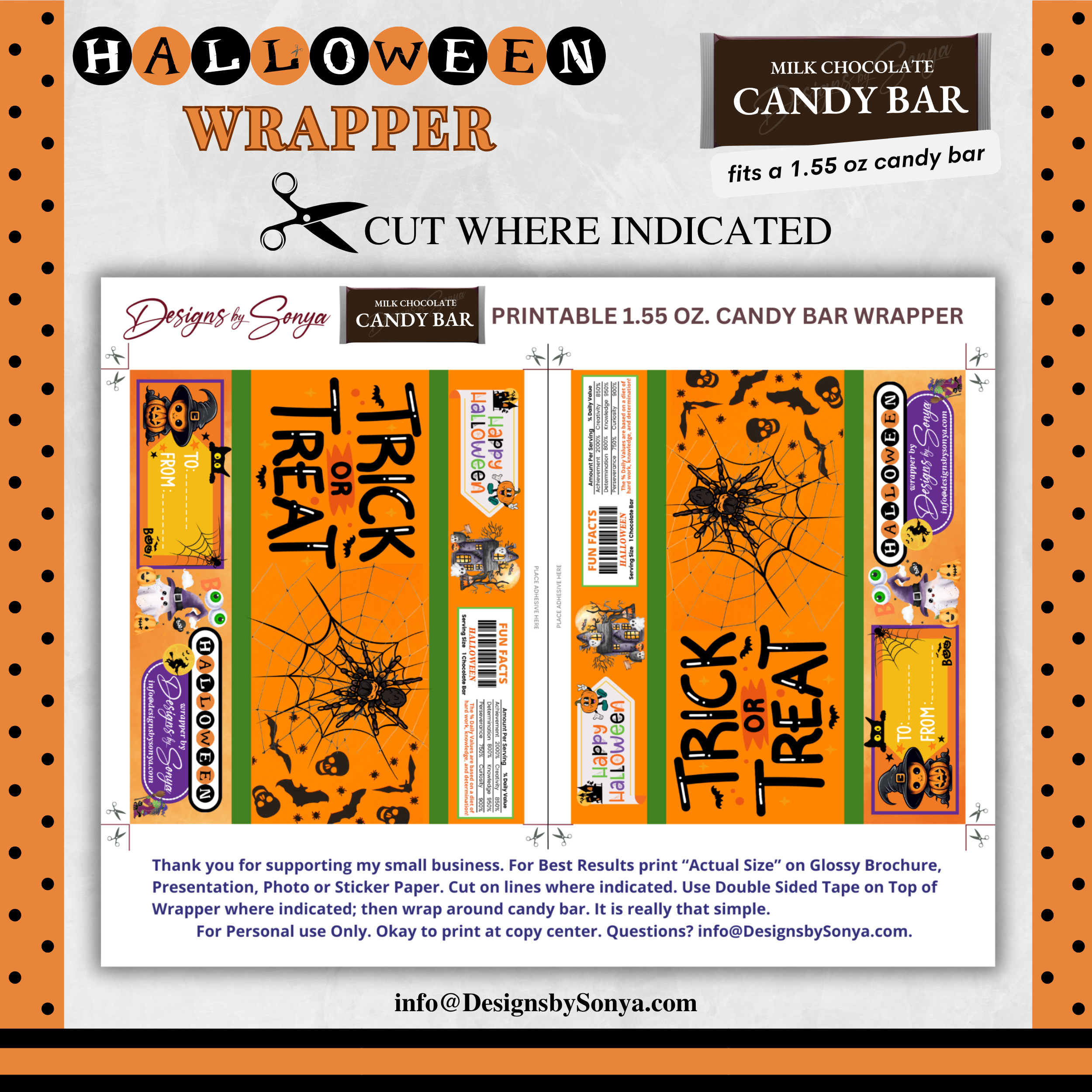 Custom Halloween Digital Candy Bar Wrapper | Printable Candy Bar Covers | Instant Download for Trick-or-Treat Party Favors | Fits 1.55 oz Hershey's Chocolate Bar