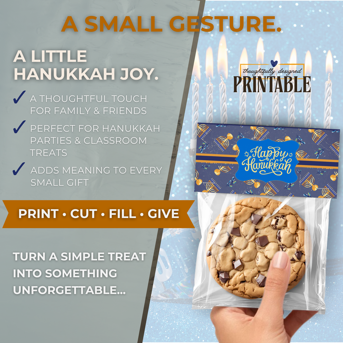 Printable Hanukkah Treat Bag Topper | Happy Hanukkah Candy Bag Topper | Navy Blue & Gold Menorah Pattern | Jewish Holiday Party Favor | 4" x 2" PDF Download