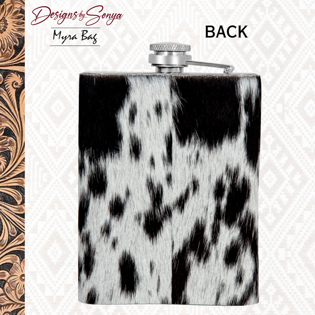 Mountain Trail Flask in Dark Hair-on Hide | Unique Natural Markings | Black and White | Myra Bags | S-8476