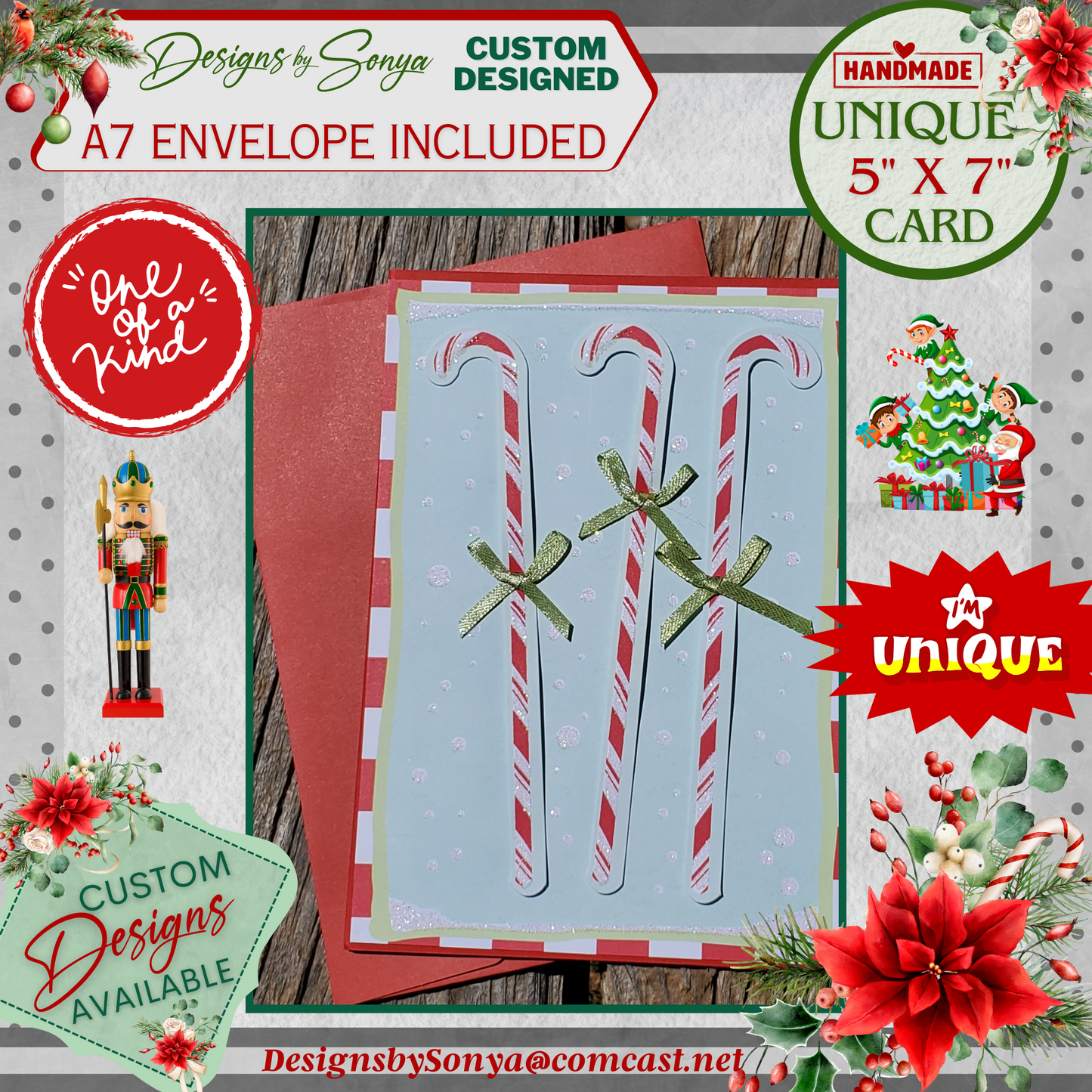 LIMITED EDITION | Festive and Unique | 5" x7" Candy Cane Christmas Card | 1/2" Green Hand Tied Bows | Handcrafted Layered Holiday Greetings