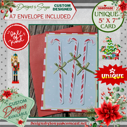 LIMITED EDITION | Festive and Unique | 5" x7" Candy Cane Christmas Card | 1/2" Green Hand Tied Bows | Handcrafted Layered Holiday Greetings