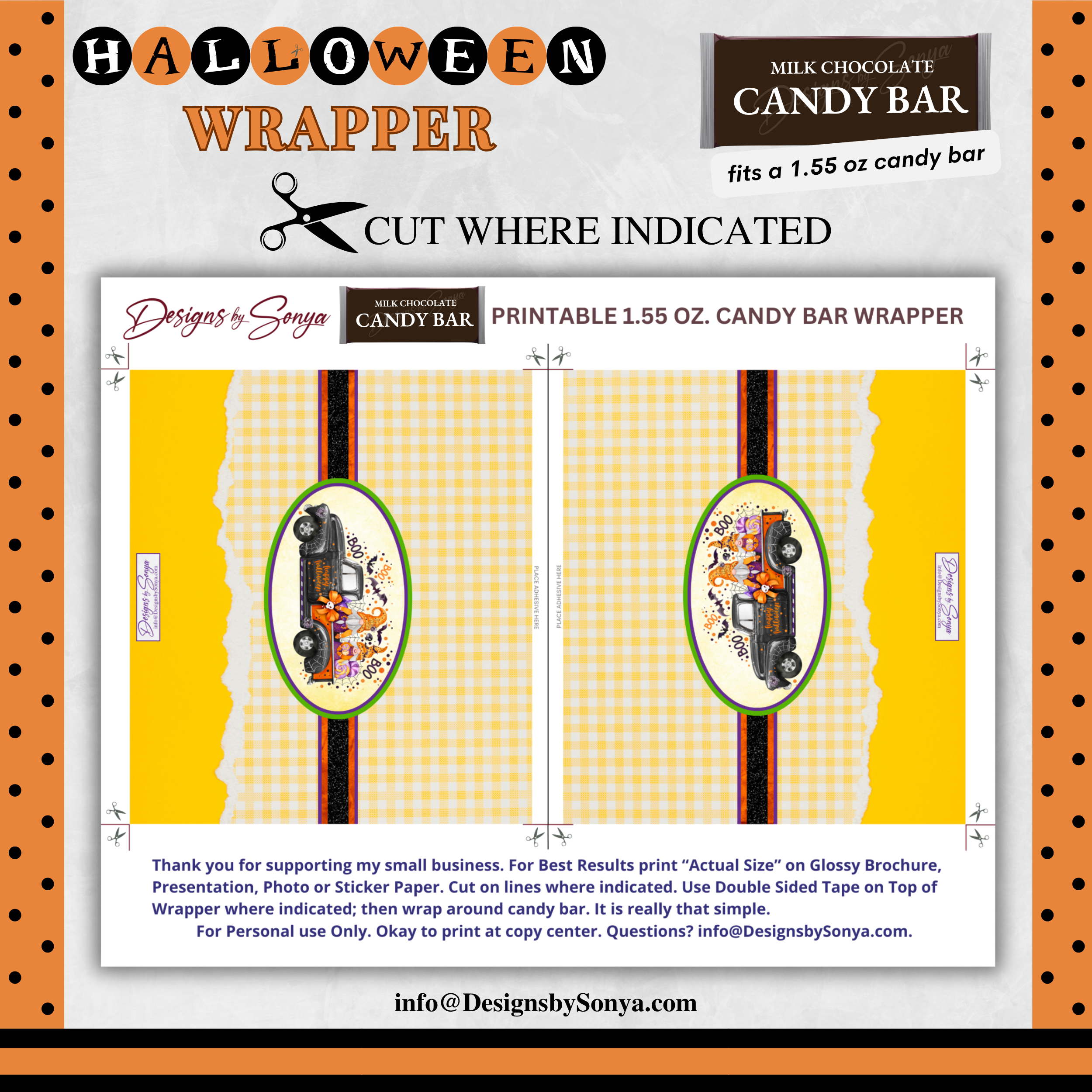 Halloween Gnomes & Spooky Truck Wrapper | Instant Download for Party Favors | Printable Fits 1.55 oz Milk Chocolate Candy Bar