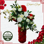 Lasting Honor: Custom Memorial Standing Cross with Red Carnations and White Roses
