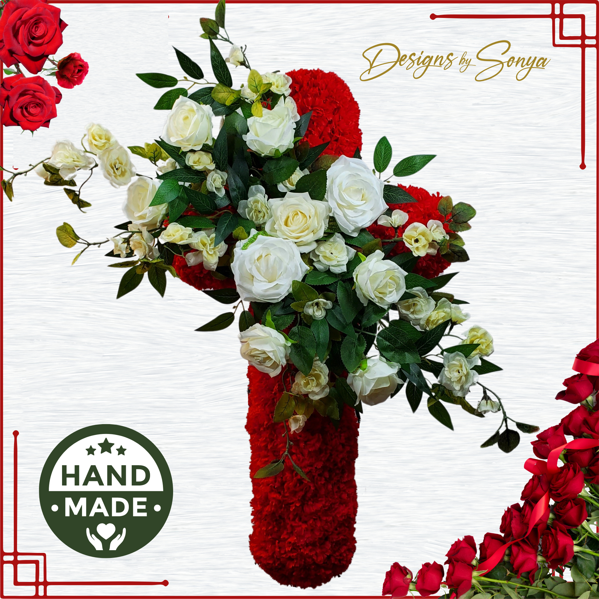Lasting Honor: Custom Memorial Standing Cross with Red Carnations and White Roses