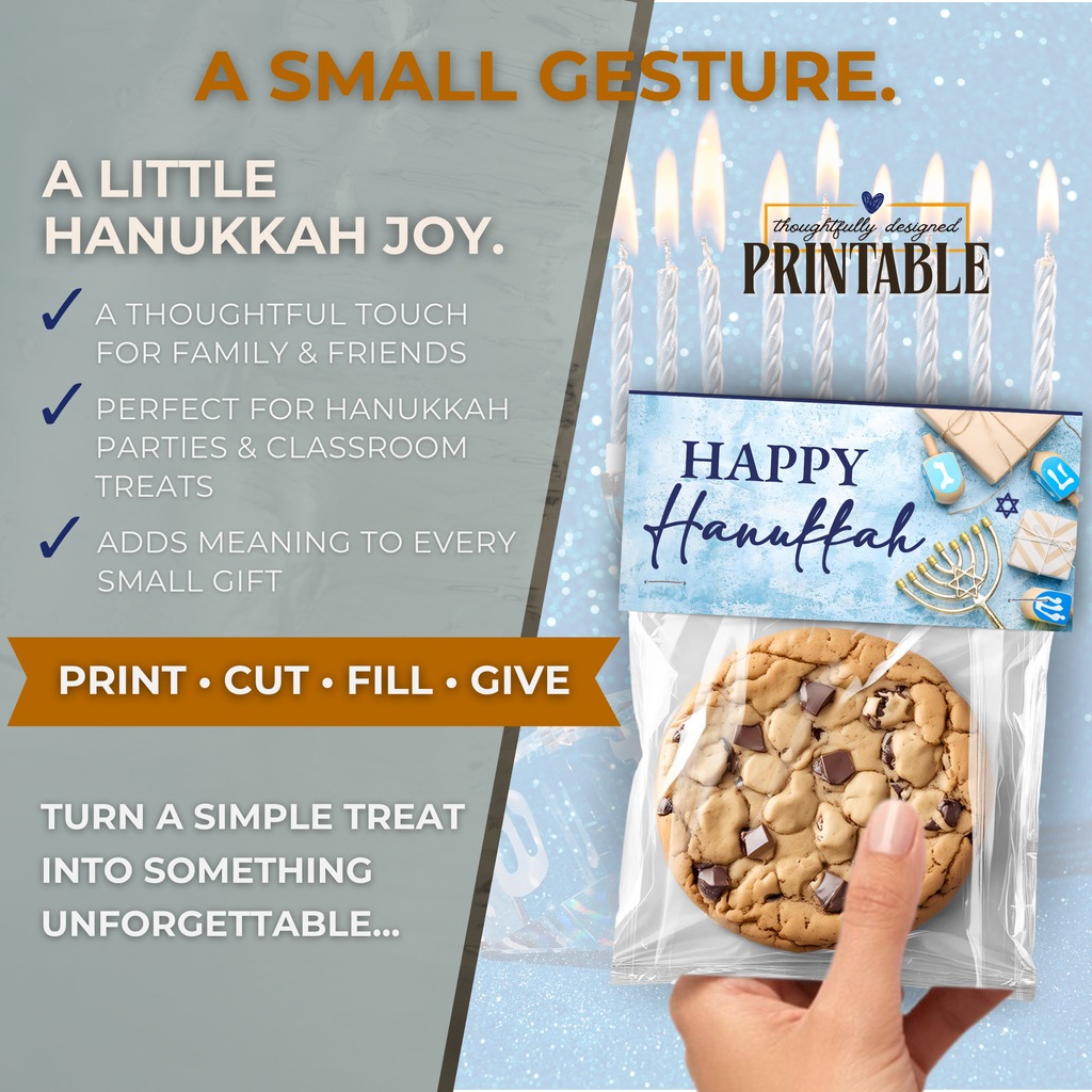 Printable Hanukkah Treat Bag Topper Collection | 4 Different Designs | Menorah & Dreidel Candy Bag Toppers | Jewish Holiday Party Favors | 4" x 2" PDF Download