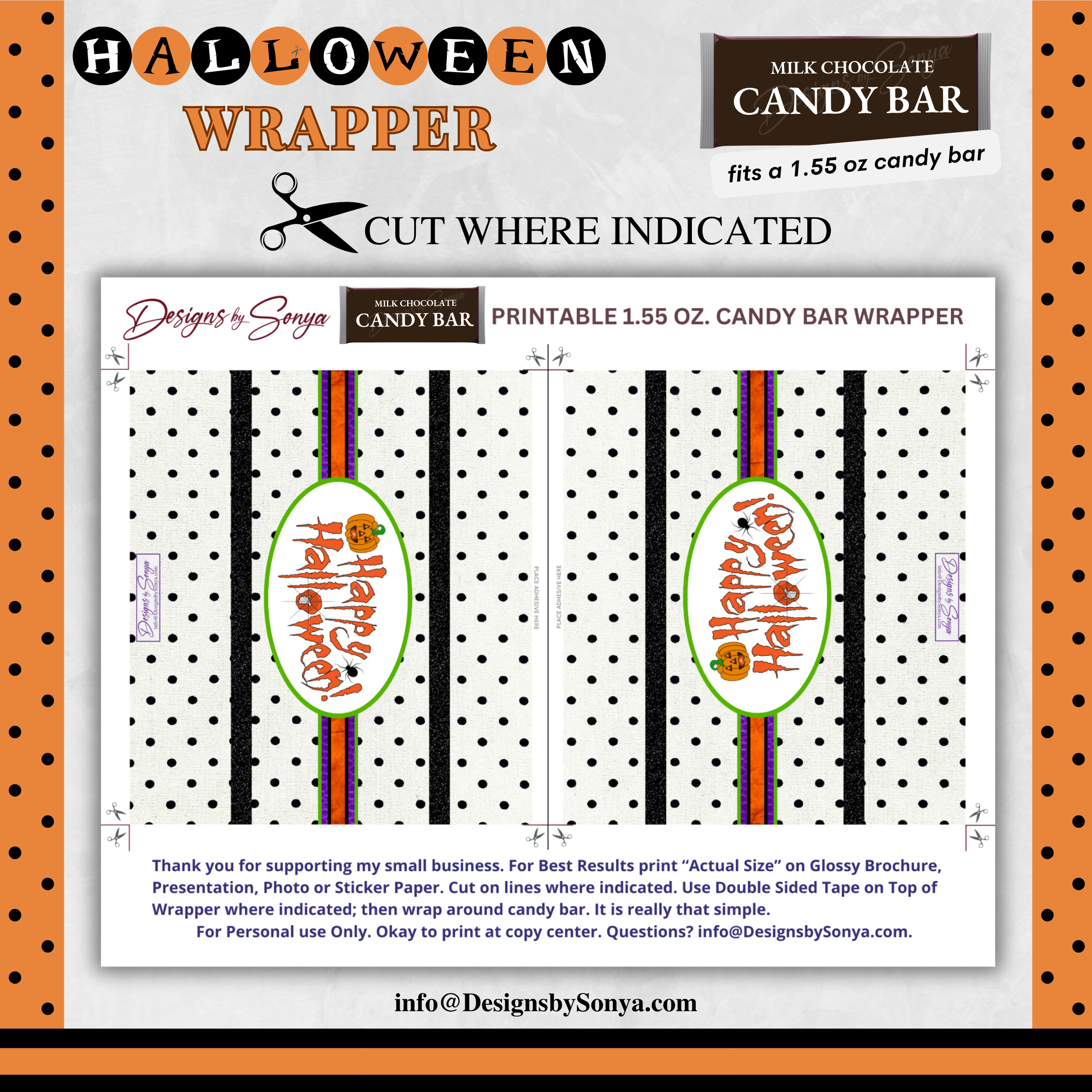 Custom Halloween Digital Candy Bar Wrapper | Printable Candy Bar Covers | Instant Download for Trick-or-Treat Party Favors | Fits 1.55 oz Hershey's Chocolate Bar