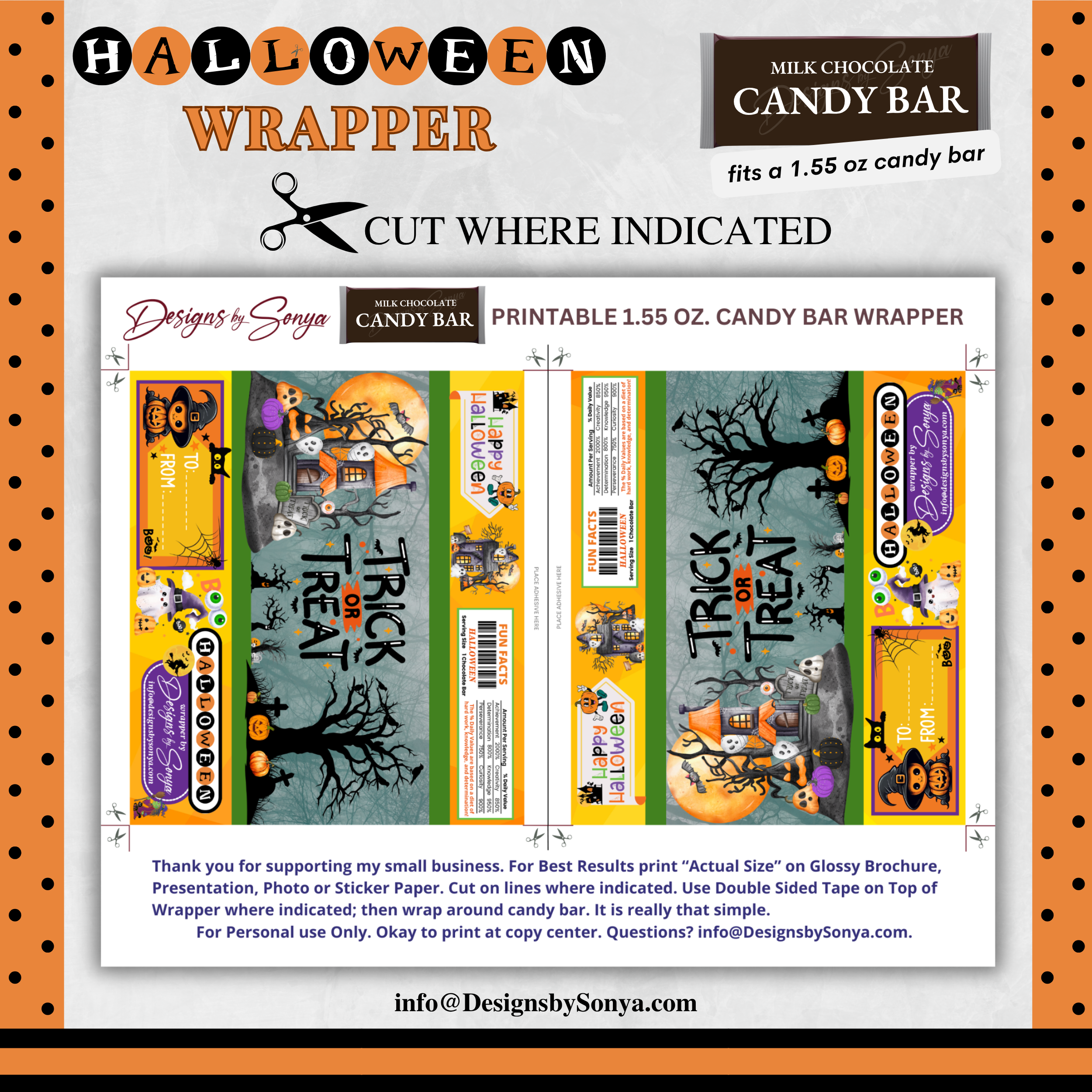 Custom Halloween Digital Candy Bar Wrapper | Printable Candy Bar Covers | Instant Download for Trick-or-Treat Party Favors | Fits 1.55 oz Hershey's Chocolate Bar