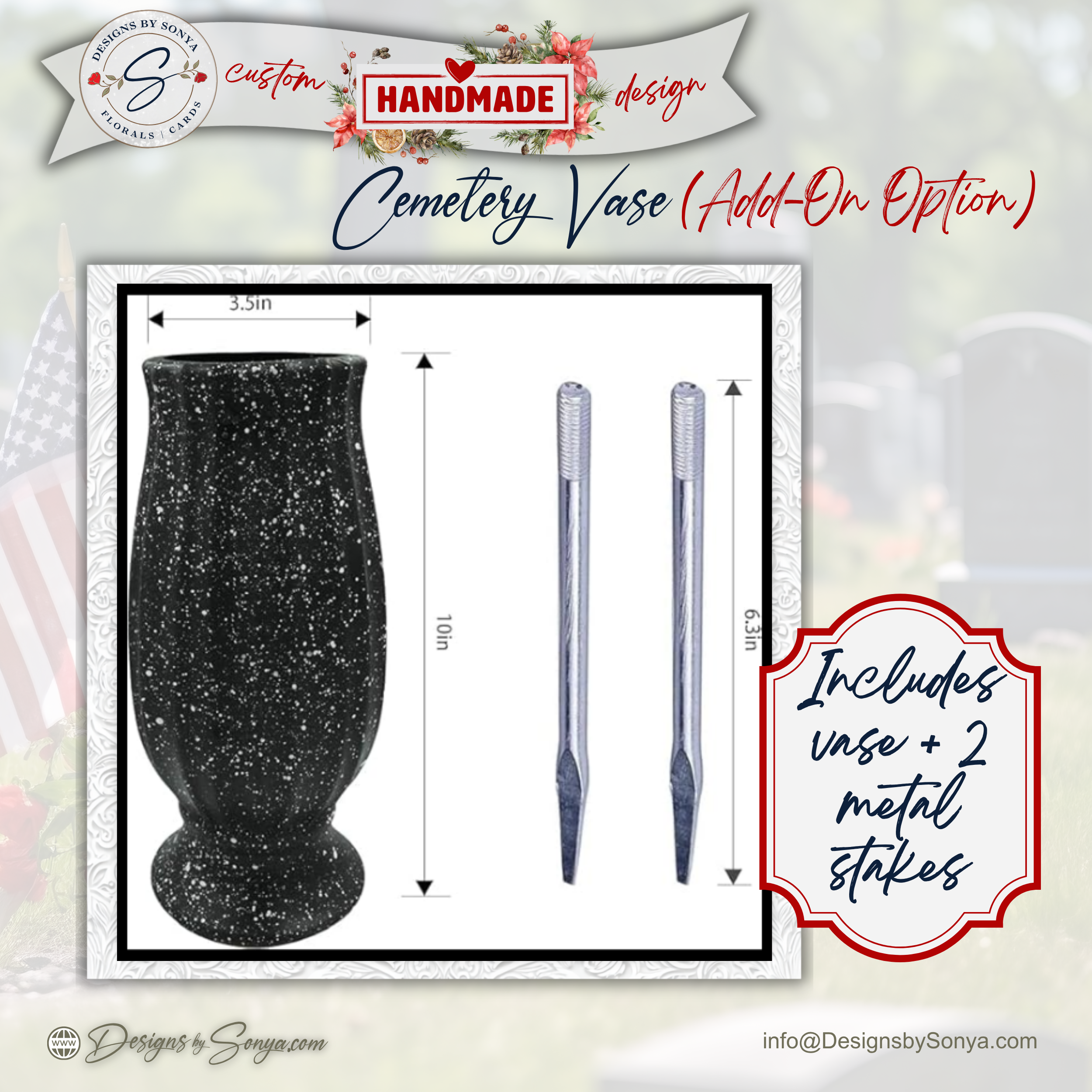 Black Cemetery Vase with Dual Metal Stakes – Weather-Ready Graveside Flower Holder – Stable Weighted Design for Memorials & Headstones (Add-On Option)