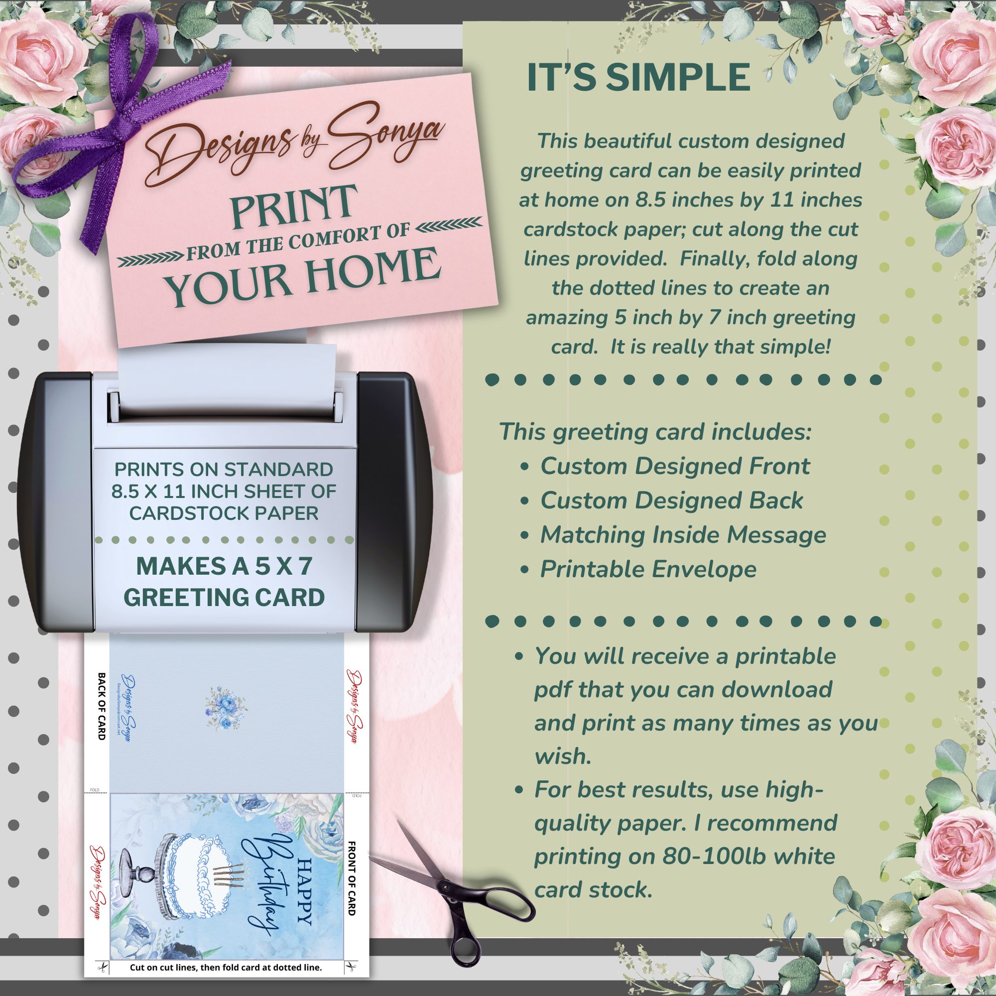 Blue Floral Birthday Card 5x7 | Printable Birthday Card | Watercolor Cake Design | Fits A7 Envelope | Digital Download | Print at Home