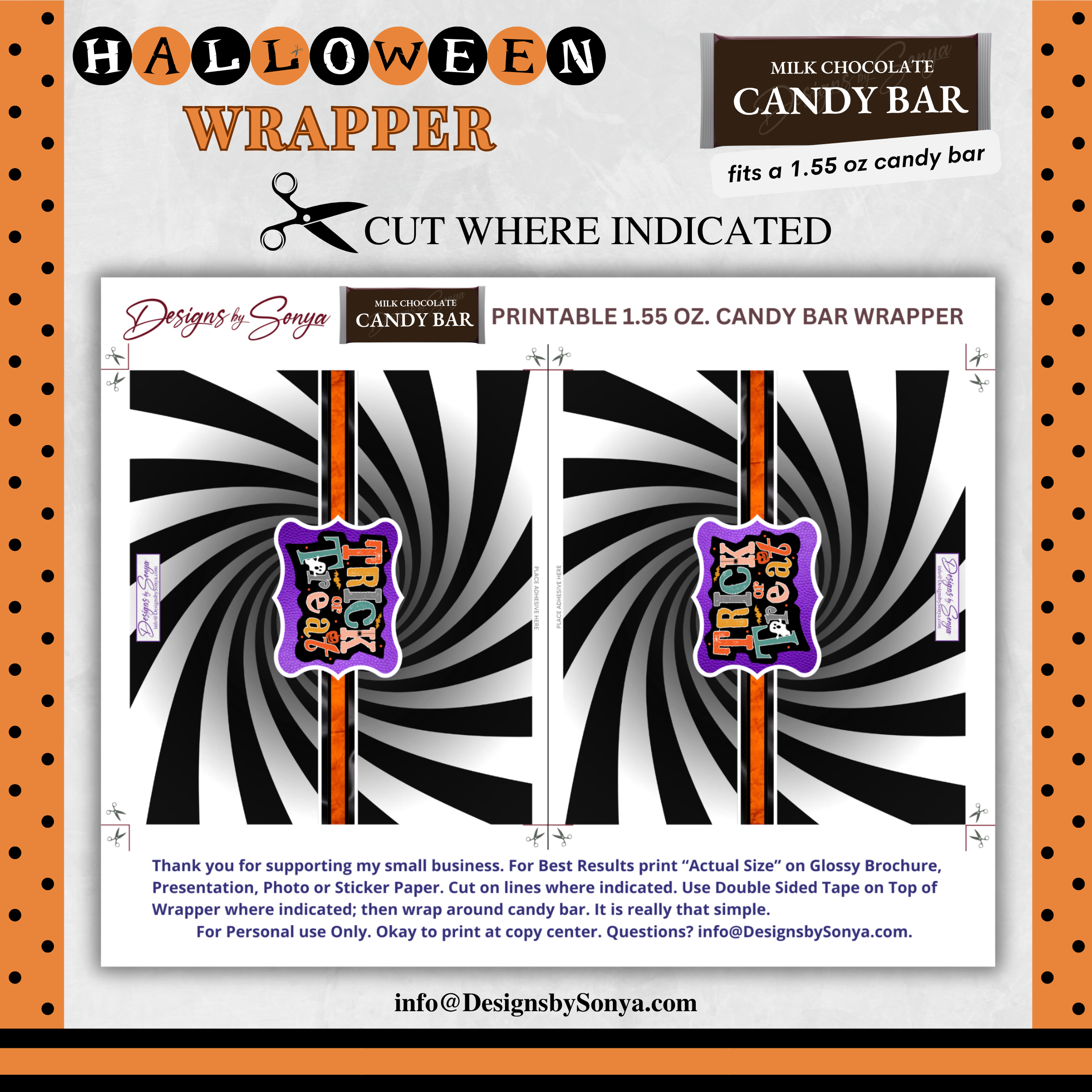 Custom Halloween Digital Candy Bar Wrapper | Printable Candy Bar Covers | Instant Download for Trick-or-Treat Party Favors | Fits 1.55 oz Hershey's Chocolate Bar