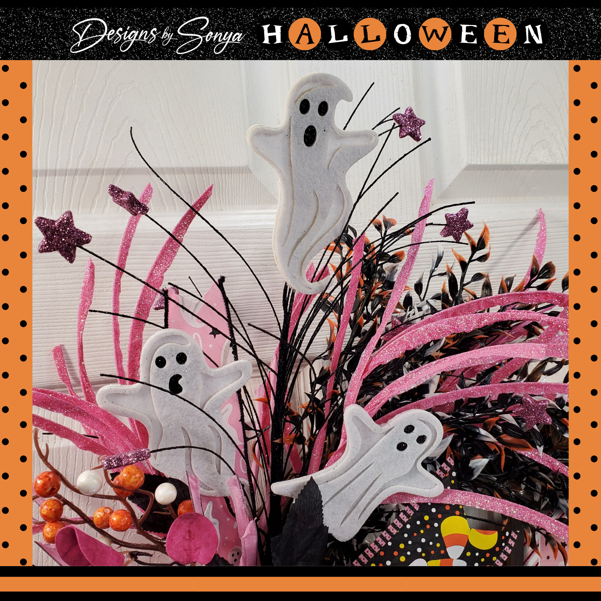 Whimsical Halloween Door Grapevine Wreath | Fun Ghost & Pumpkin Decor | Front Door Wreath | Spooky Entryway Decoration | Pink Door Hanger