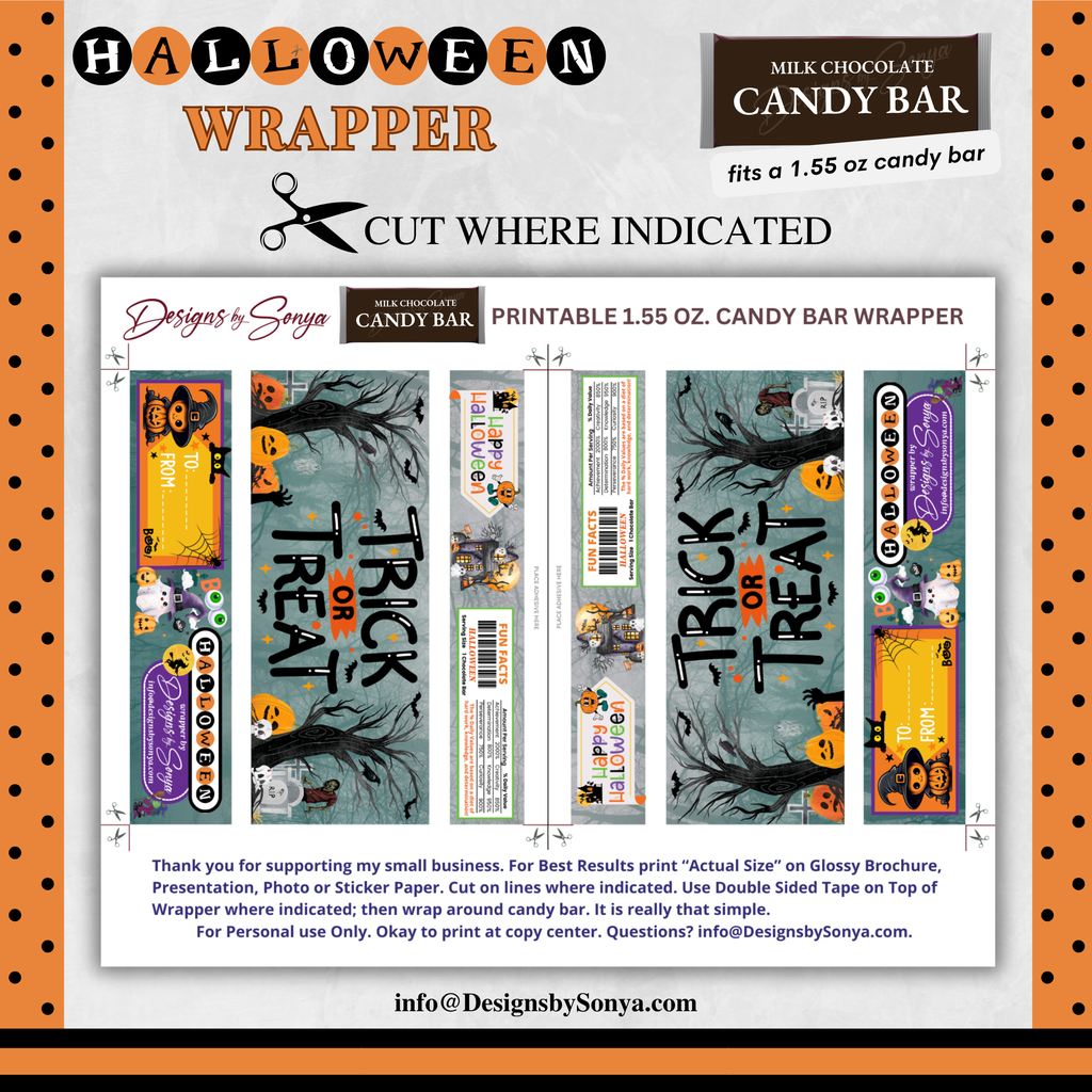 Custom Halloween Digital Candy Bar Wrapper | Printable Candy Bar Covers | Instant Download for Trick-or-Treat Party Favors | Fits 1.55 oz Hershey's Chocolate Bar