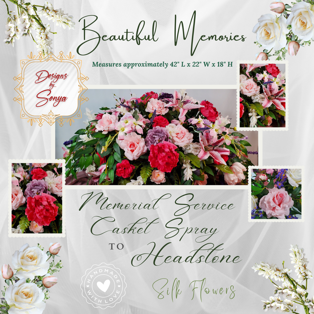 Lifelike Memorial Service Casket Spray to Cemetery Headstone Saddle - Premium Silk Flowers - Roses, Orchids, Lillies, Peonies, Hydrangeas