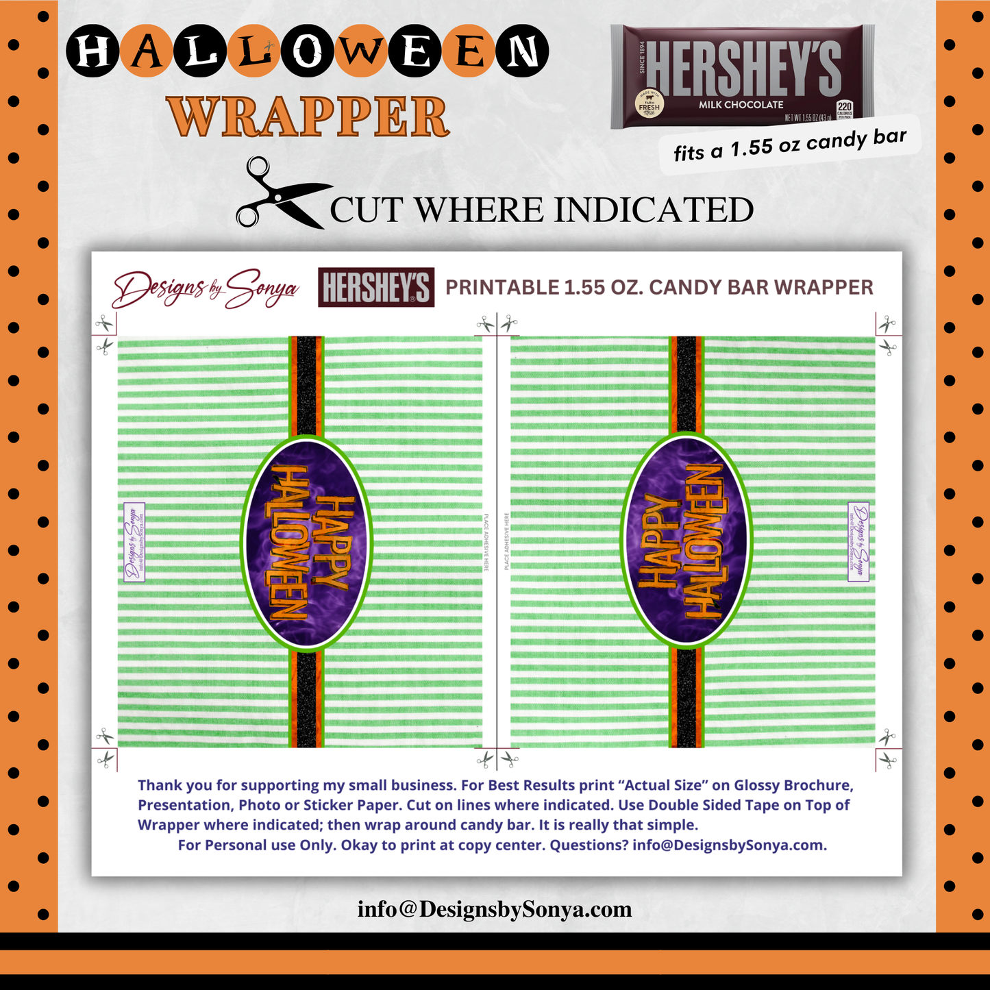Custom Halloween Digital Hershey Bar Wrapper | Printable Candy Bar Covers | Instant Download for Trick-or-Treat Party Favors | Fits 1.55 oz Hershey's Chocolate Bar