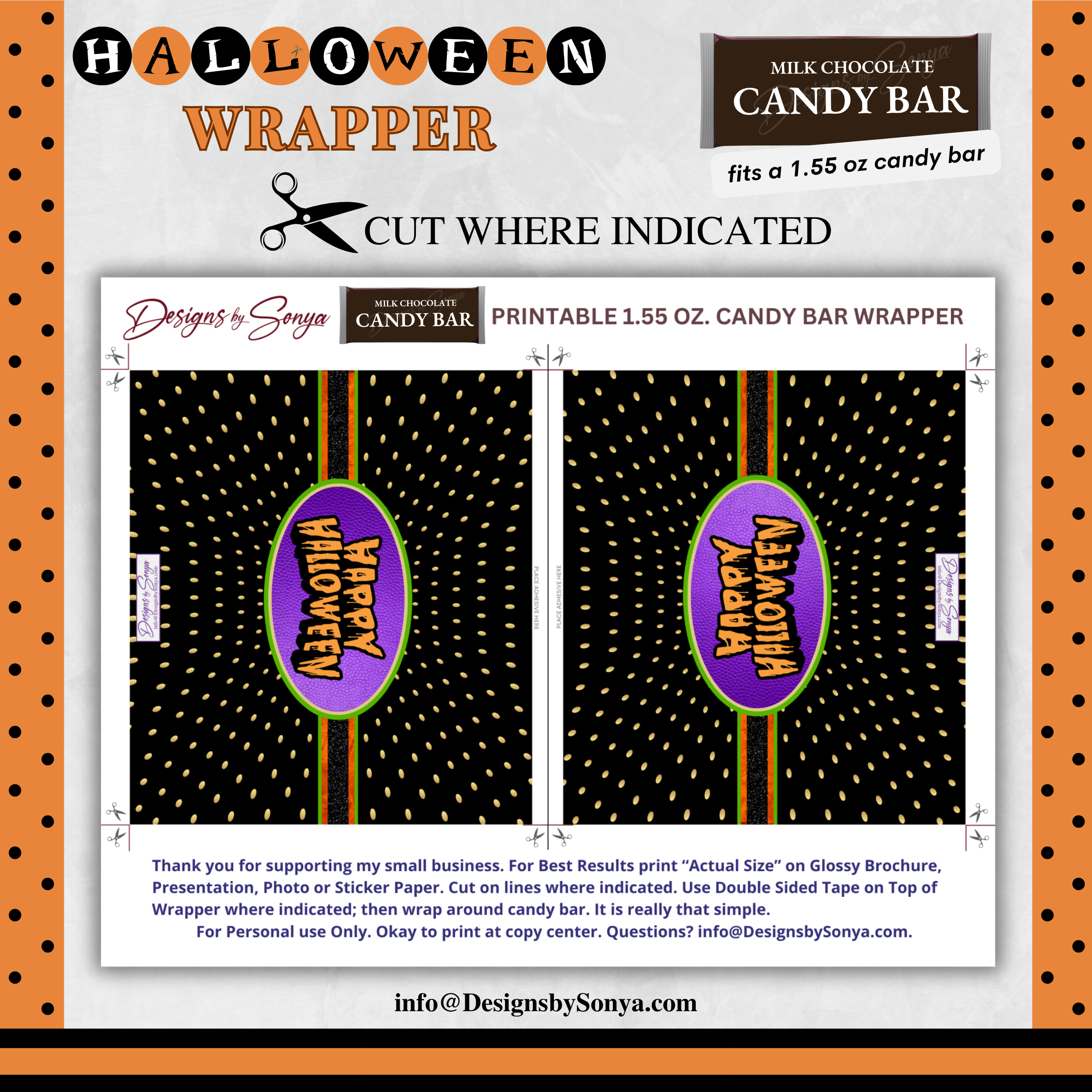 Custom Halloween Digital Candy Bar Wrapper | Printable Candy Bar Covers | Instant Download for Trick-or-Treat Party Favors | Fits 1.55 oz Hershey's Chocolate Bar