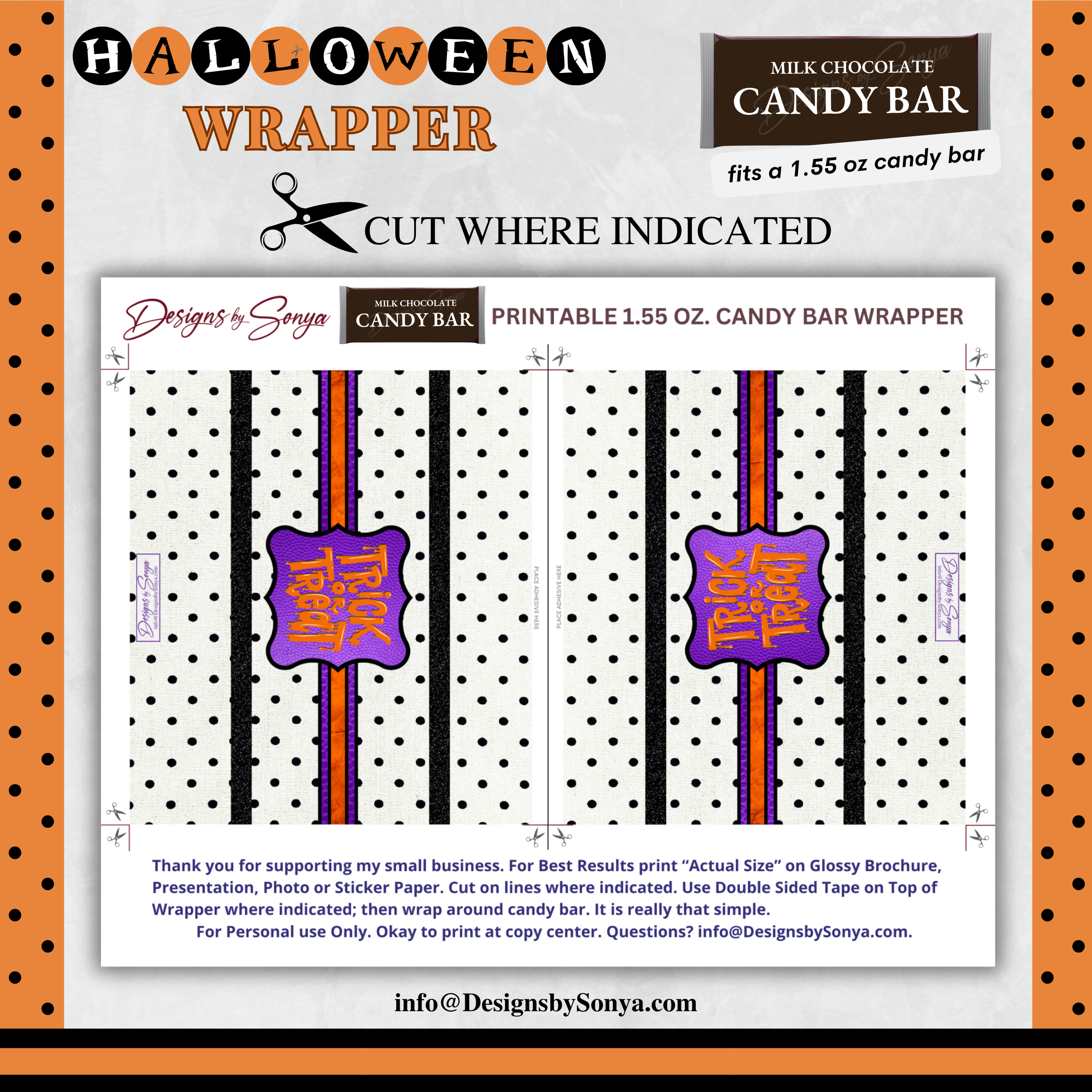 Custom Halloween Digital Candy Bar Wrapper | Printable Candy Bar Covers | Instant Download for Trick-or-Treat Party Favors | Fits 1.55 oz Hershey's Chocolate Bar