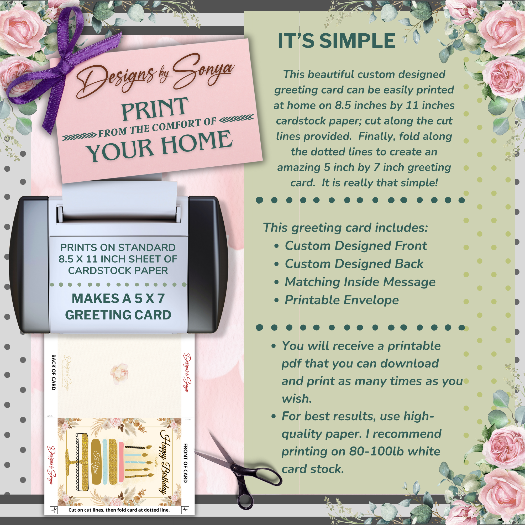 Elegant Gold & Floral Birthday Card 5x7 | Printable Birthday Card | Fits A7 Envelope | Custom Insert Message | Digital Download | Print at Home