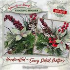 Handcrafted Details Closeup
Close-up of the handmade stocking holder featuring snow-dusted pinecone, frosted evergreen sprays, red berries, and glittered holly-style leaves. Unique floral arrangement crafted on a sturdy silver metal base.