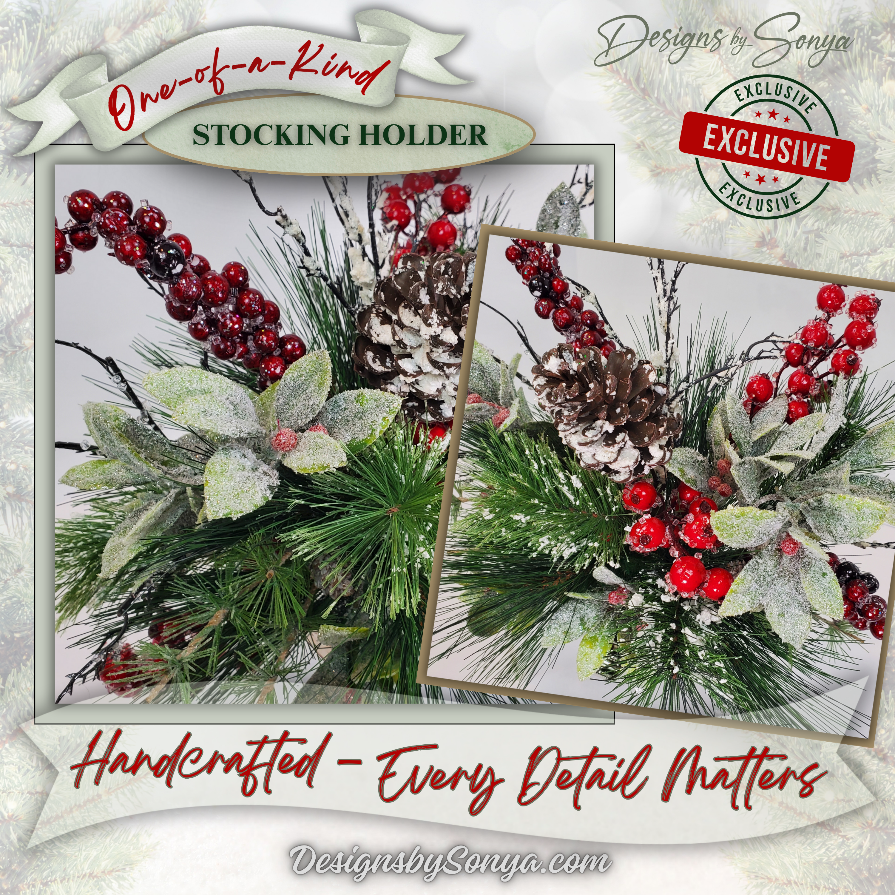 Handcrafted Details Closeup
Close-up of the handmade stocking holder featuring snow-dusted pinecone, frosted evergreen sprays, red berries, and glittered holly-style leaves. Unique floral arrangement crafted on a sturdy silver metal base.